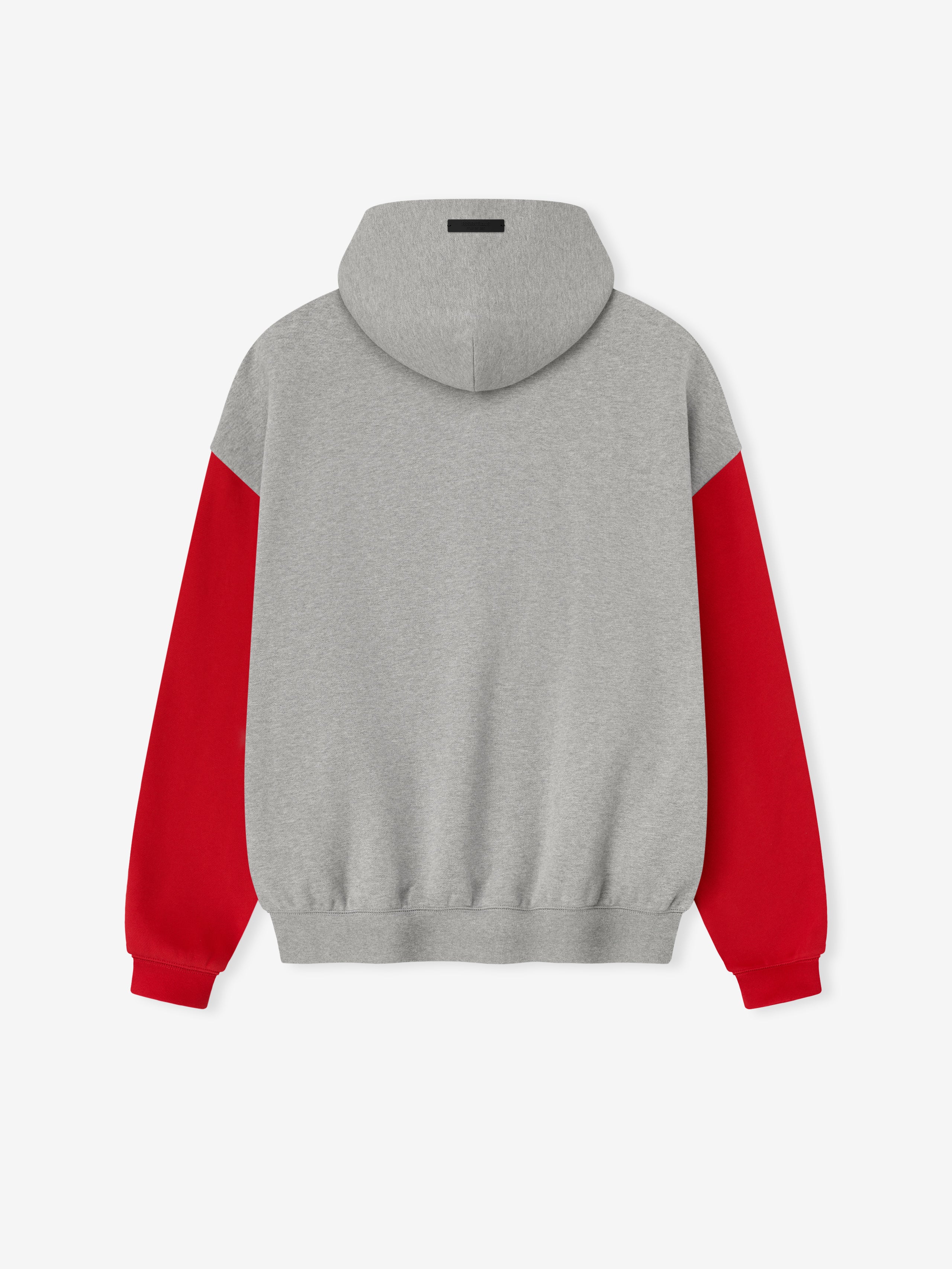Back view of Falcons Sport Hoodie in concrete heather with bold red sleeves and fitted waistband on white background