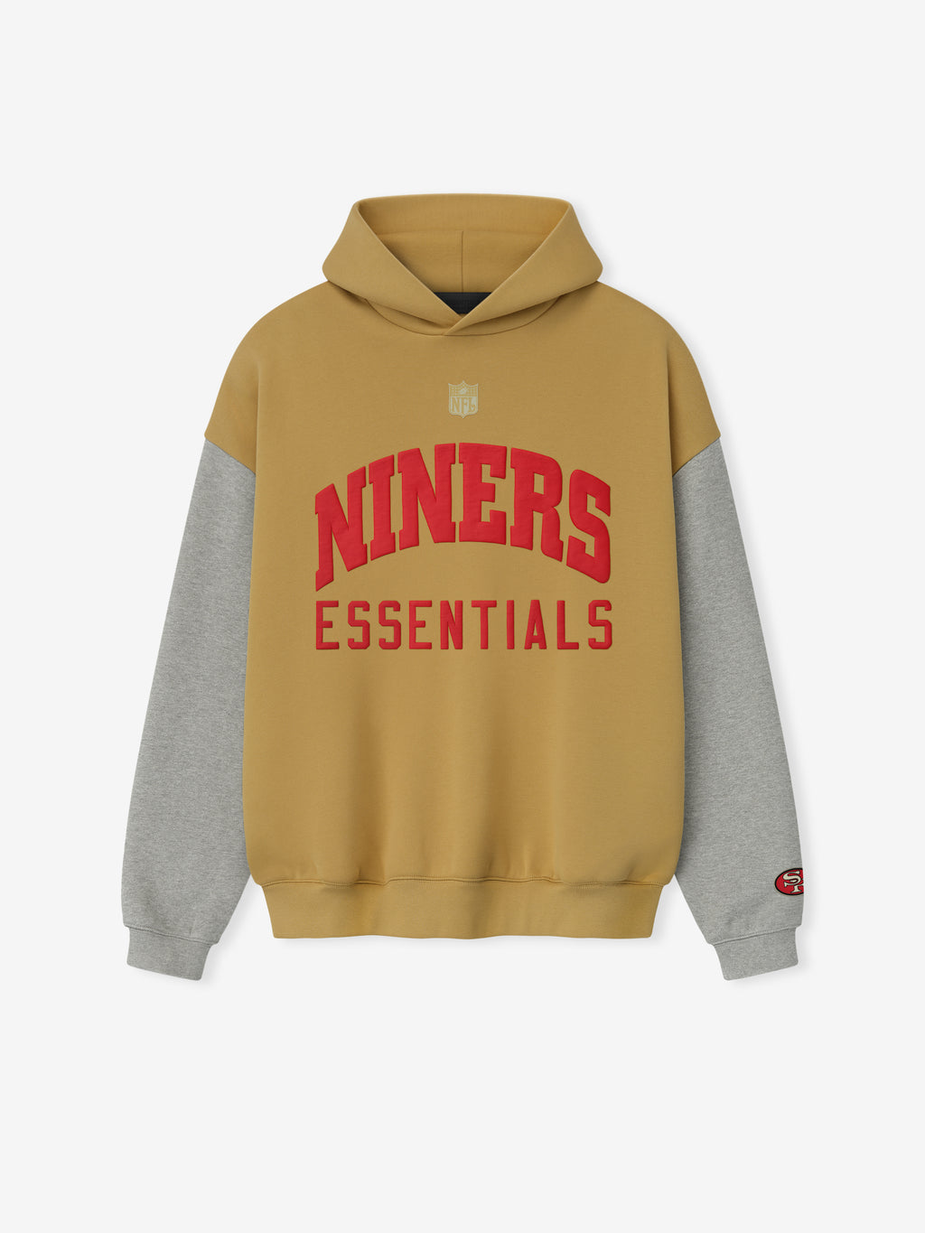 Front view of Forty Niners Sport Hoodie in prairie sand with gray sleeves and red Niners Essentials text on chest
