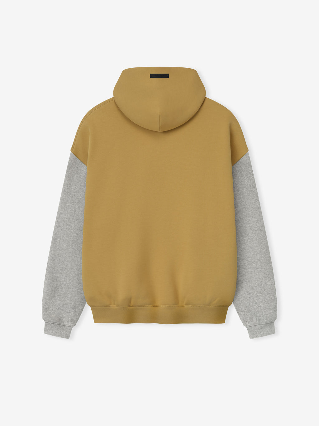 Back view of Forty Niners Sport Hoodie in prairie sand with contrasting gray sleeves on plain white background