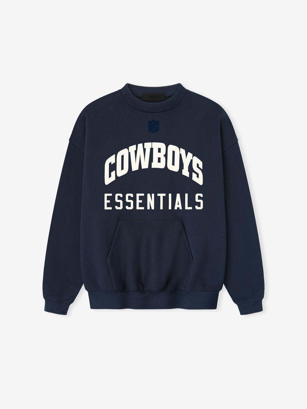 Dark sapphire crewneck sweatshirt with bold white "Cowboys" arch text above block "Essentials" lettering and front kangaroo pocket