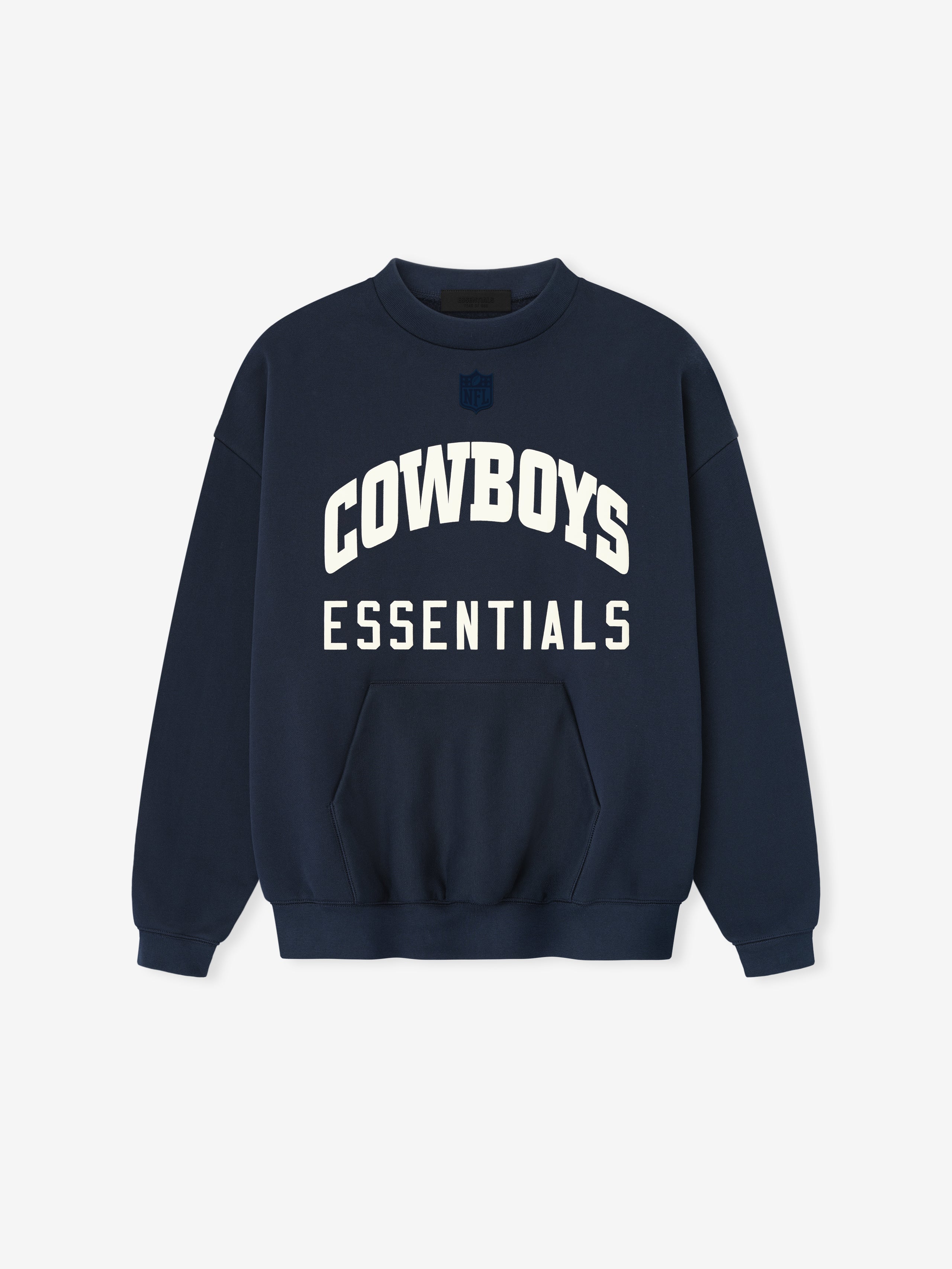Dark sapphire crewneck sweatshirt with bold white "Cowboys" arch text above block "Essentials" lettering and front kangaroo pocket