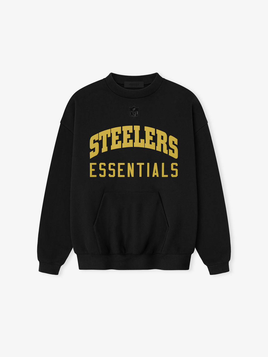 Black Steelers Sport Crewneck with gold Steelers Essentials text and NFL logo centered on front, flat lay view, gallery 0