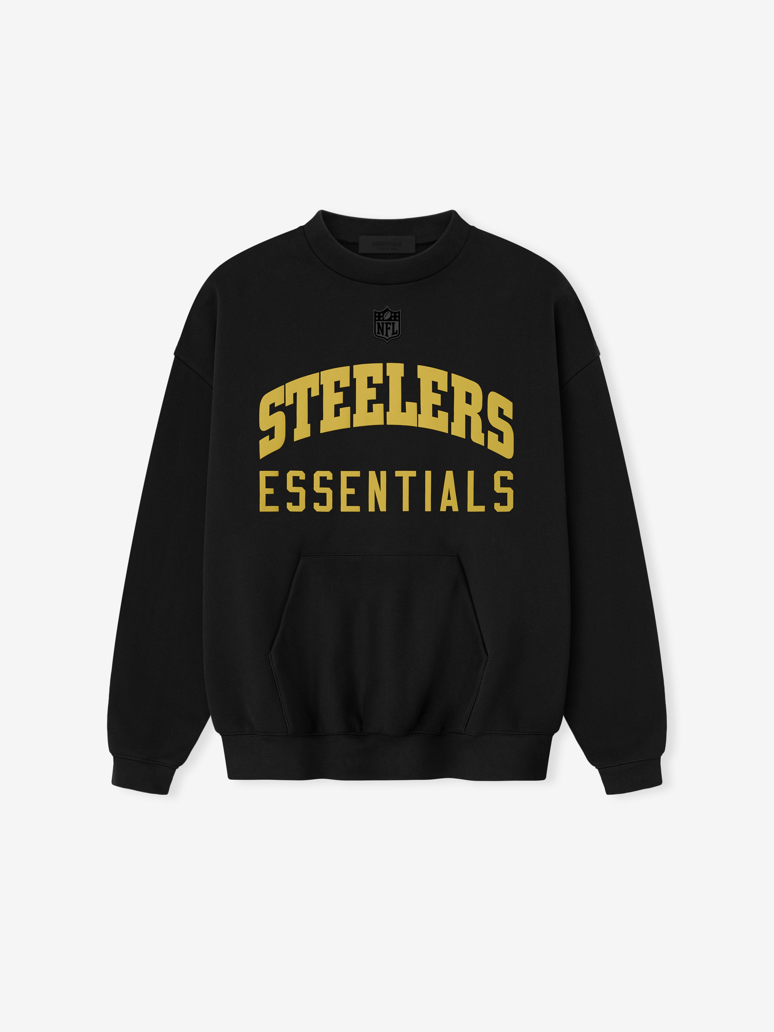 Black Steelers Sport Crewneck with gold Steelers Essentials text and NFL logo centered on front, flat lay view, gallery 0