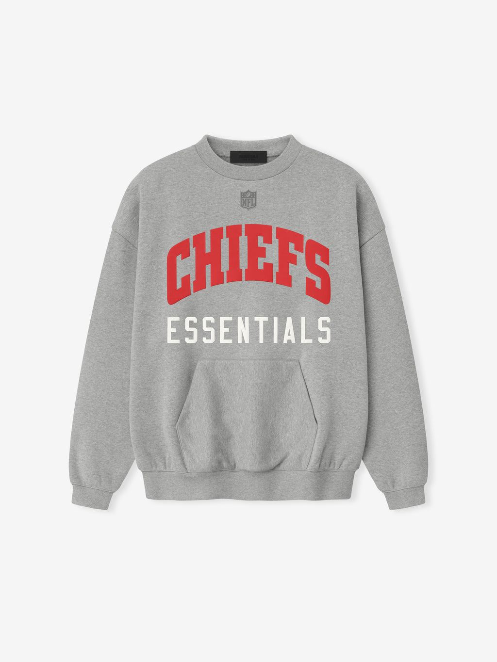Front view of concrete heather Chiefs Sport Crewneck with bold red Chiefs text and white Essentials below chest, gallery 0