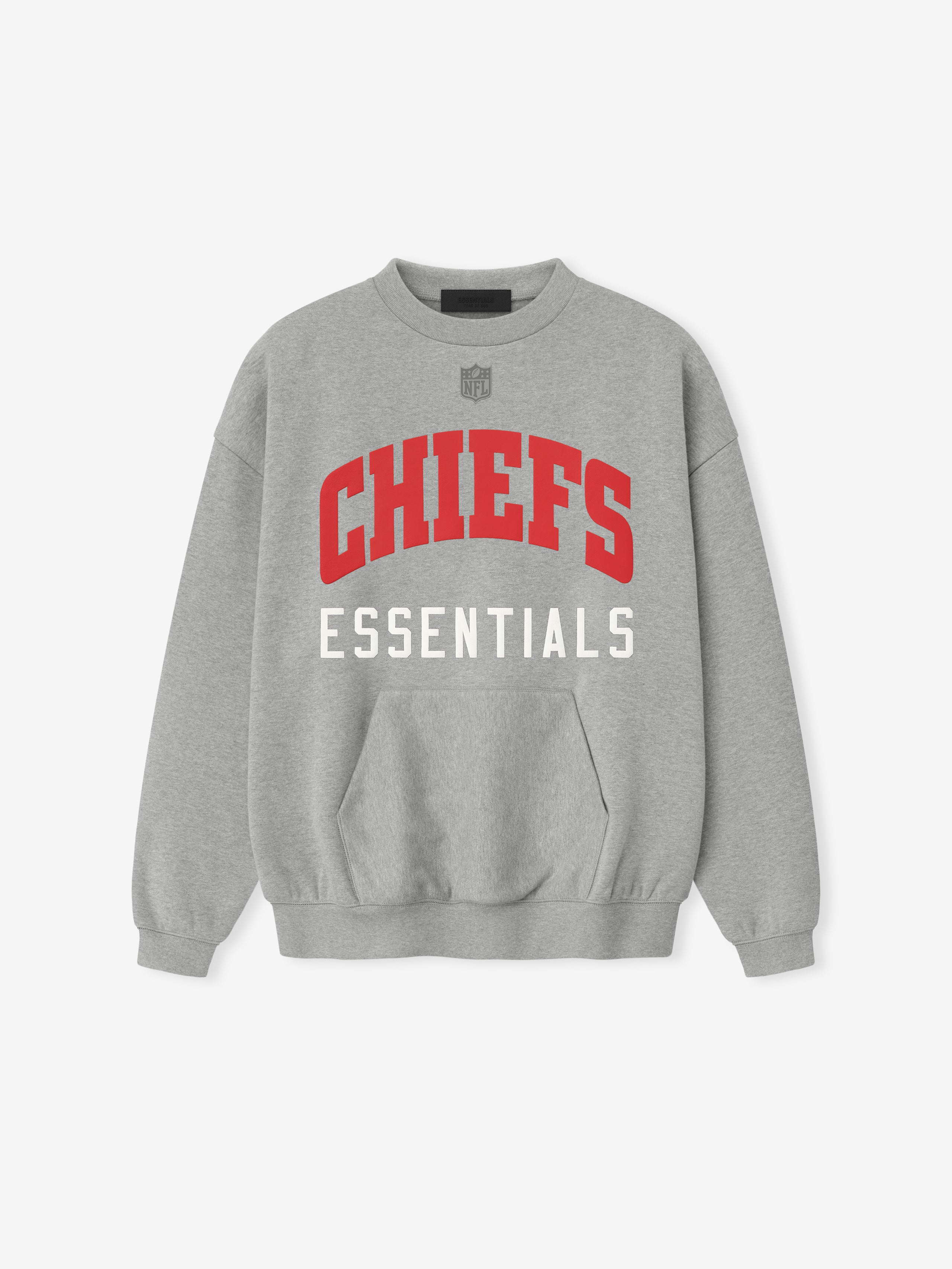 Front view of concrete heather Chiefs Sport Crewneck with bold red Chiefs text and white Essentials below chest, gallery 0