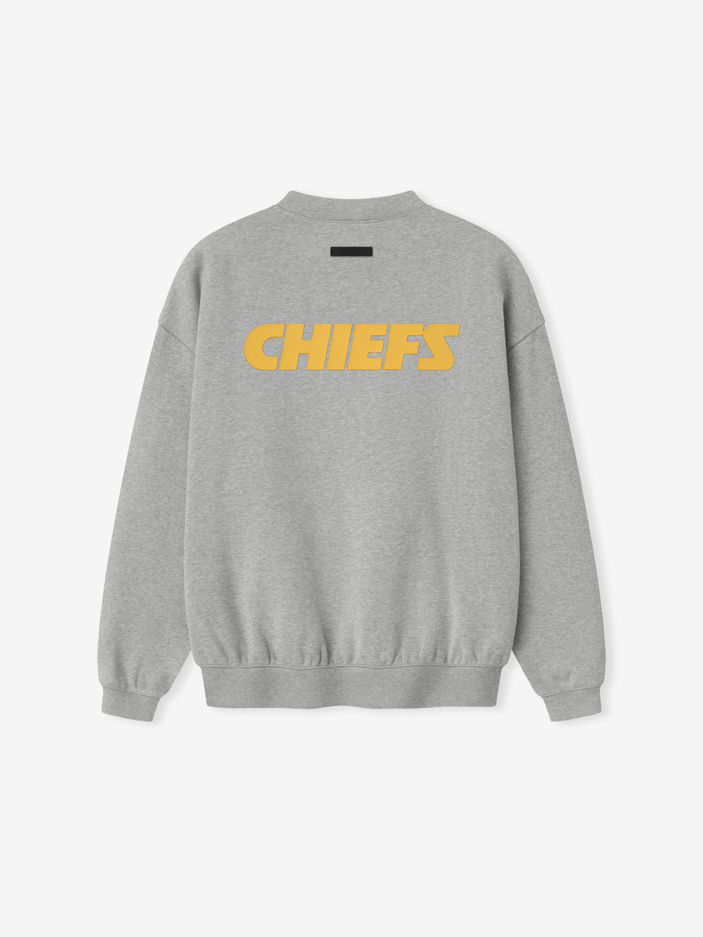 Back view of concrete heather Chiefs Sport Crewneck featuring large golden Chiefs text centered across upper back, gallery 0