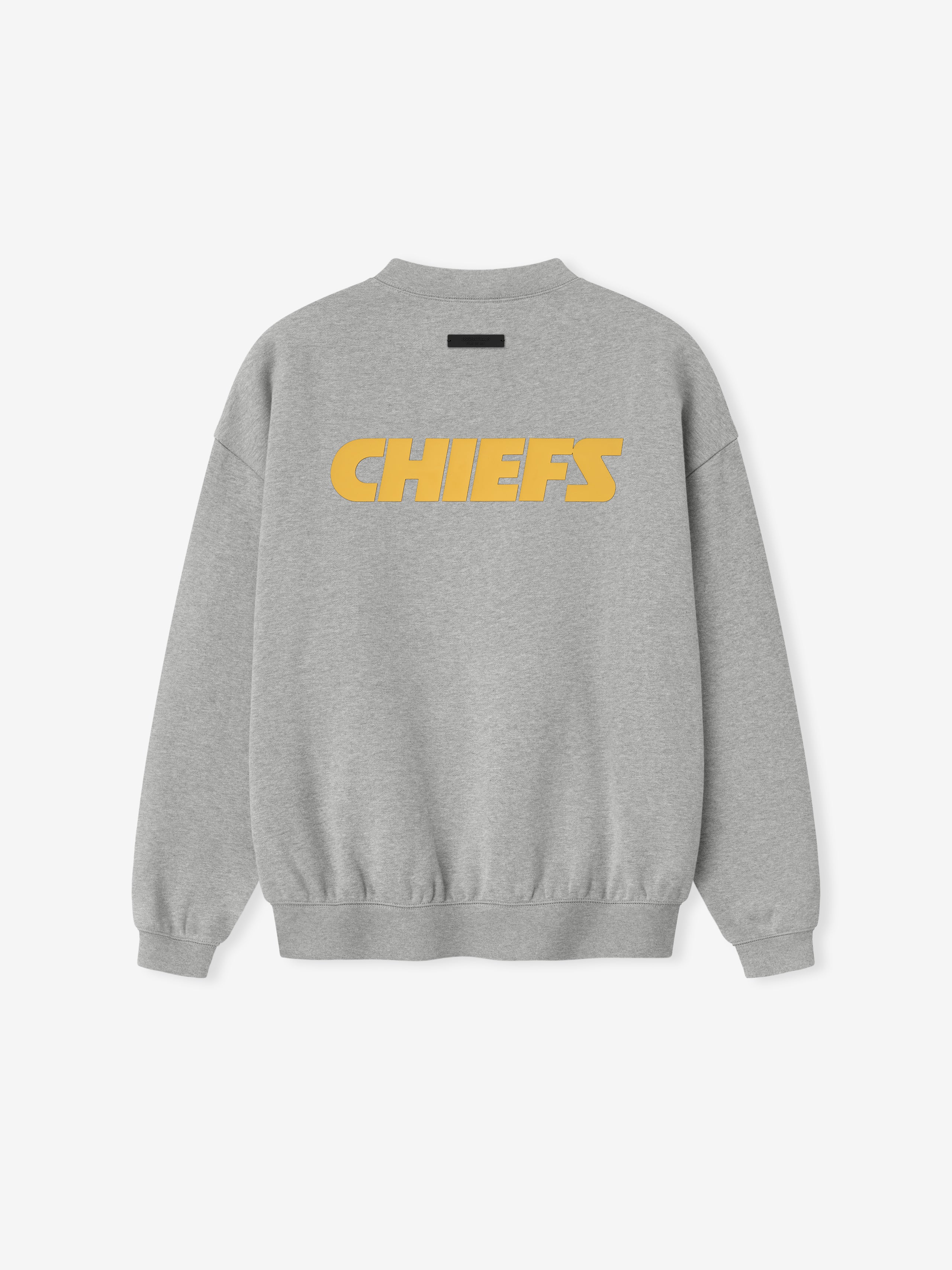 Back view of concrete heather Chiefs Sport Crewneck featuring large golden Chiefs text centered across upper back, gallery 0