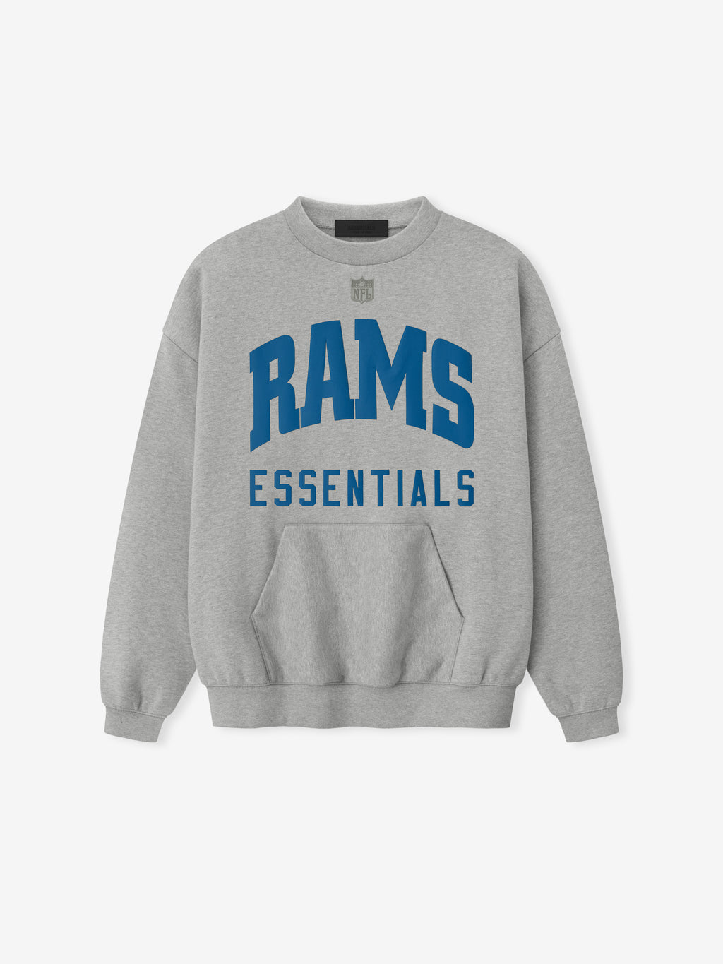 Concrete heather Rams Sport Crewneck front view featuring bold blue Rams Essentials text and subtle NFL logo above chest, gallery 0