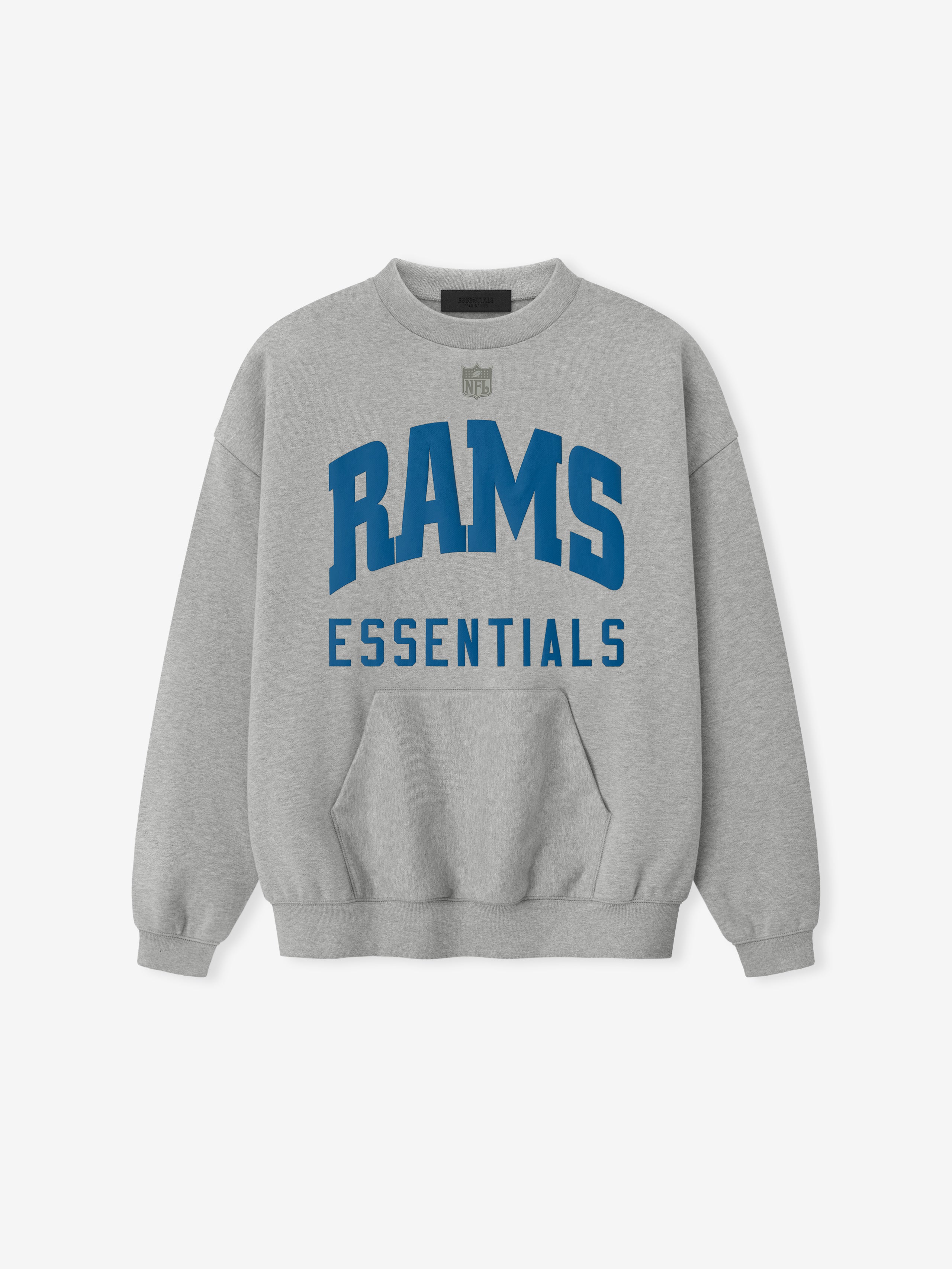 Concrete heather Rams Sport Crewneck front view featuring bold blue Rams Essentials text and subtle NFL logo above chest, gallery 0