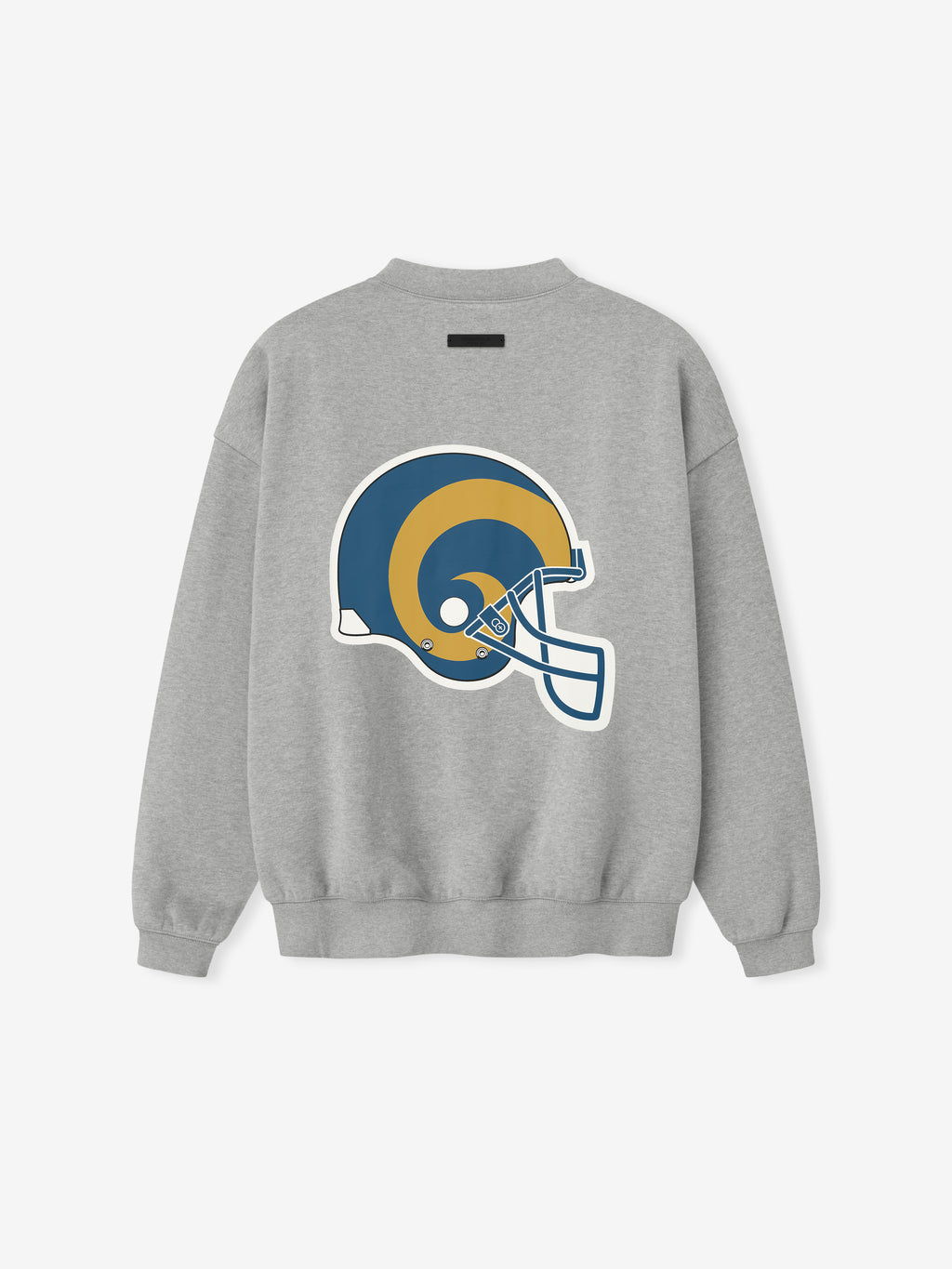 Back view of concrete heather Rams Sport Crewneck showcasing large blue and gold Rams helmet graphic centered on back, gallery 0