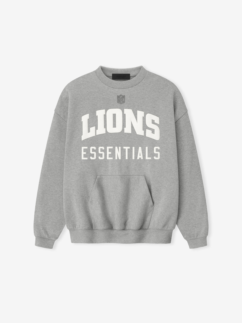 Front view of concrete heather Lions Sport Crewneck with white Lions Essentials text and small NFL logo above chest