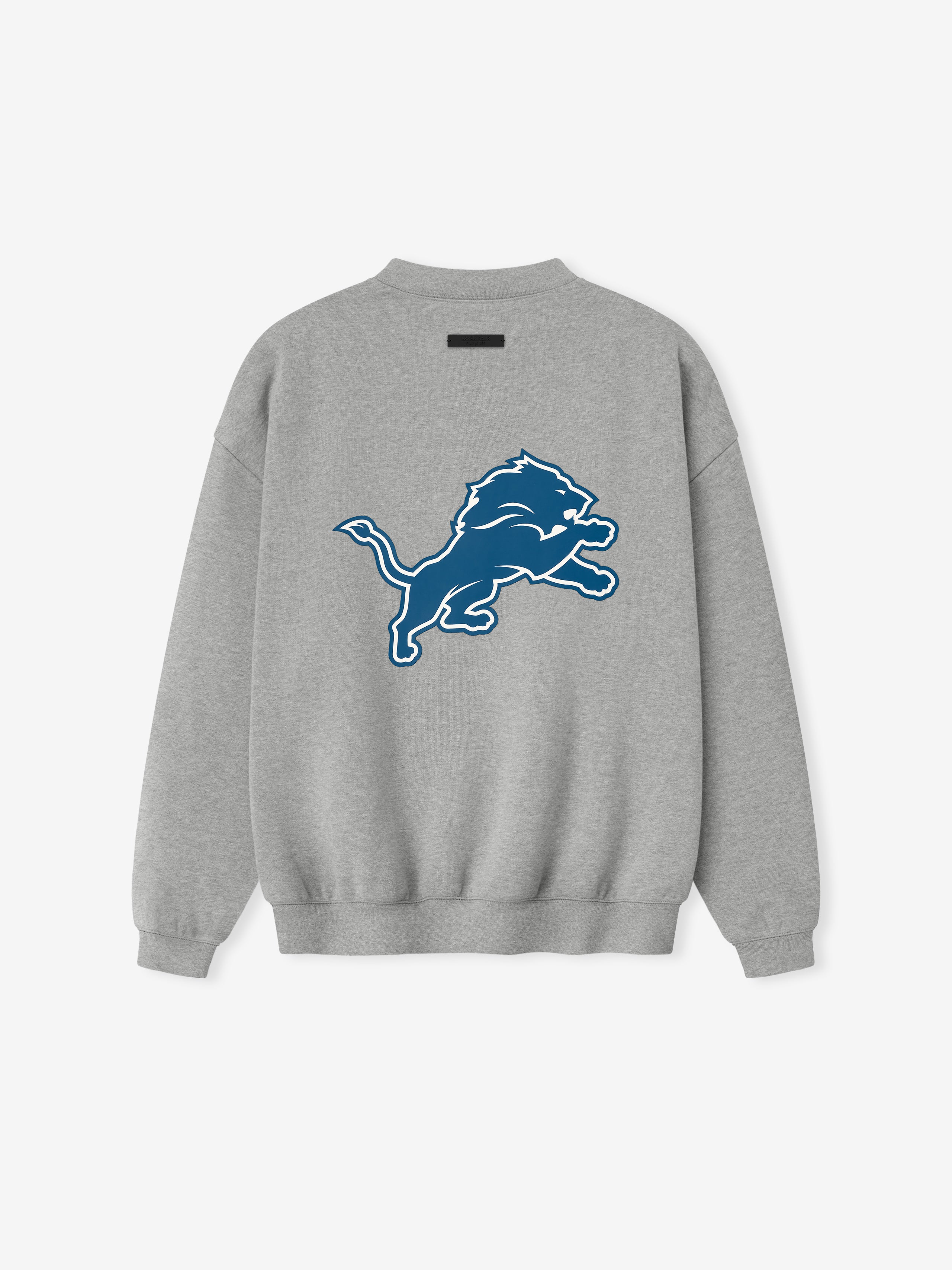 Back view of concrete heather Lions Sport Crewneck featuring large blue roaring lion logo centered on back, gallery 0