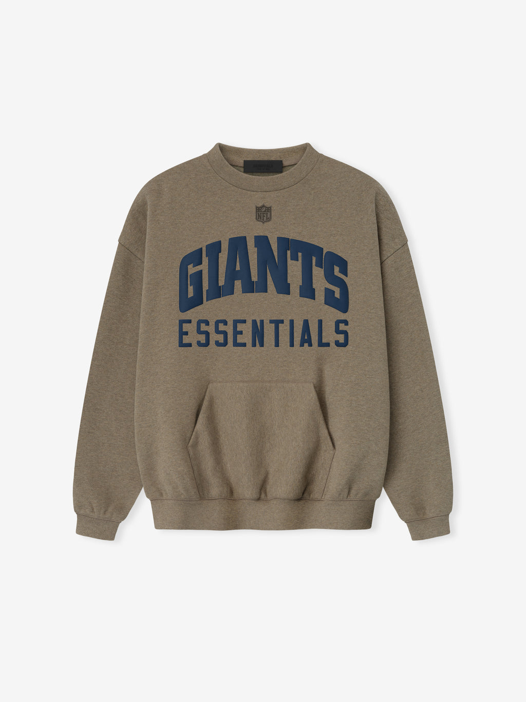 Front view of homestead heather Giants Sport Crewneck with navy Giants Essentials lettering and small NFL logo above chest
