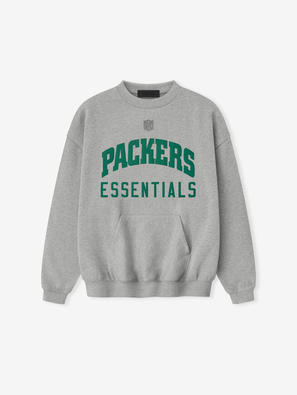 Front view of concrete heather Packers Sport Crewneck with green Packers Essentials lettering and small NFL logo above chest, gallery 0.