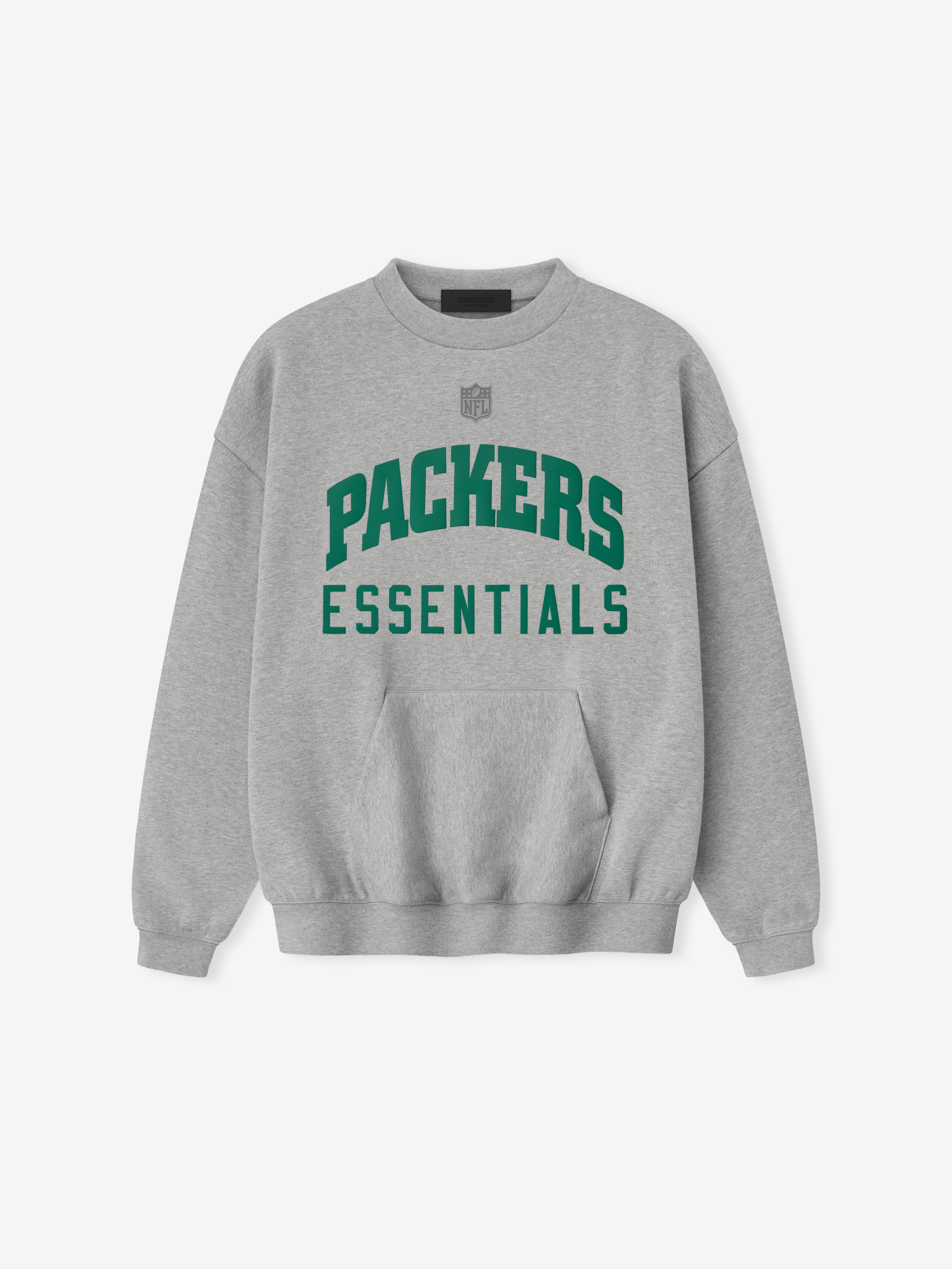 Front view of concrete heather Packers Sport Crewneck with green Packers Essentials lettering and small NFL logo above chest, gallery 0.