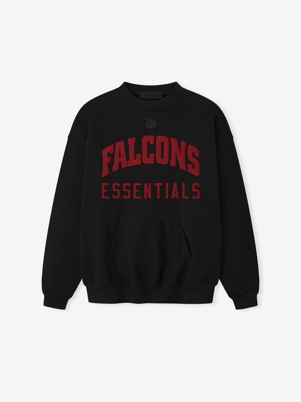 Front view of black Falcons Sport Crewneck with bold red Falcons and Essentials lettering, gallery image 0.