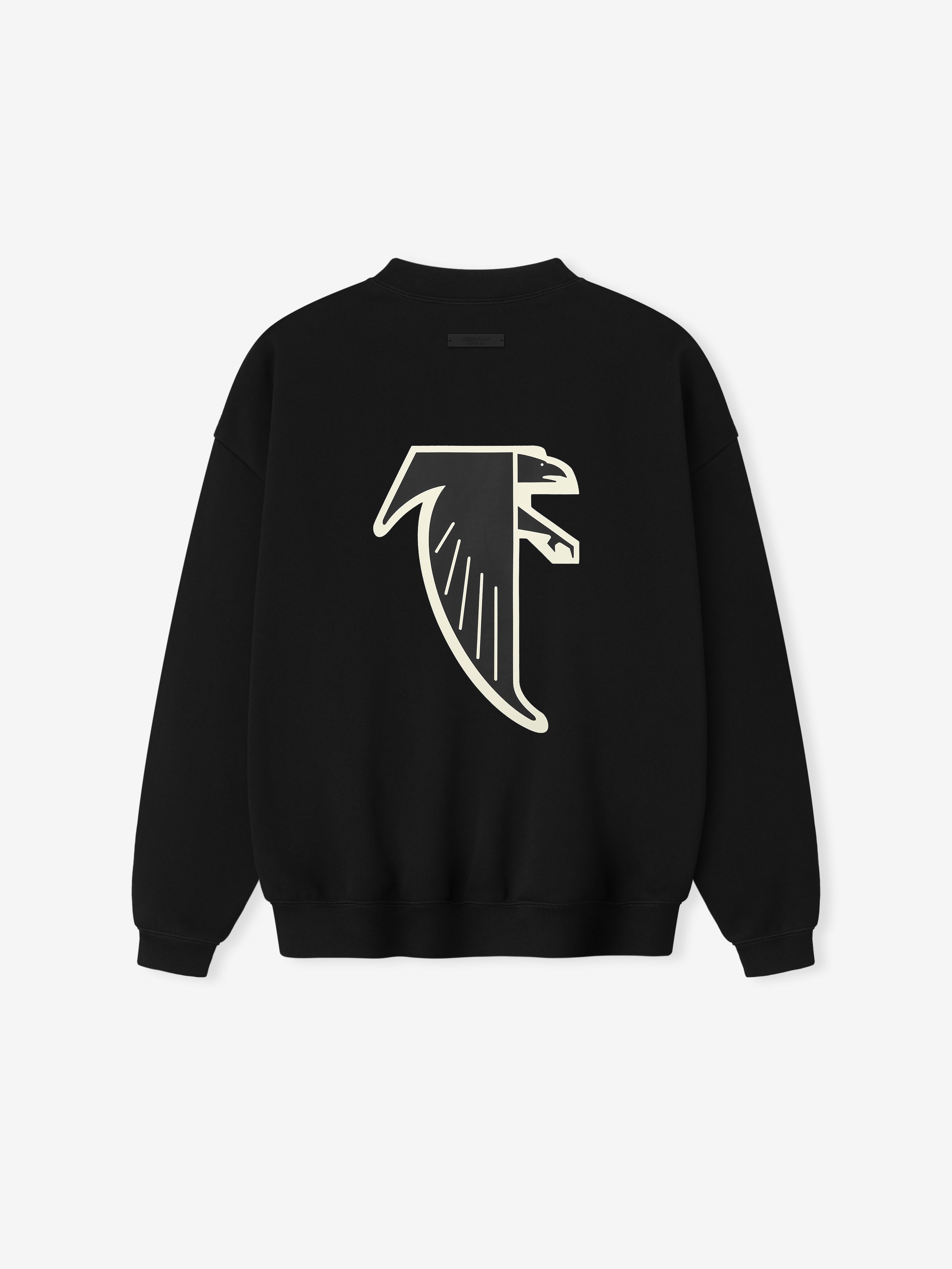 Rear view of black Falcons Sport Crewneck highlighting large off-white minimalist falcon graphic, gallery image 0.