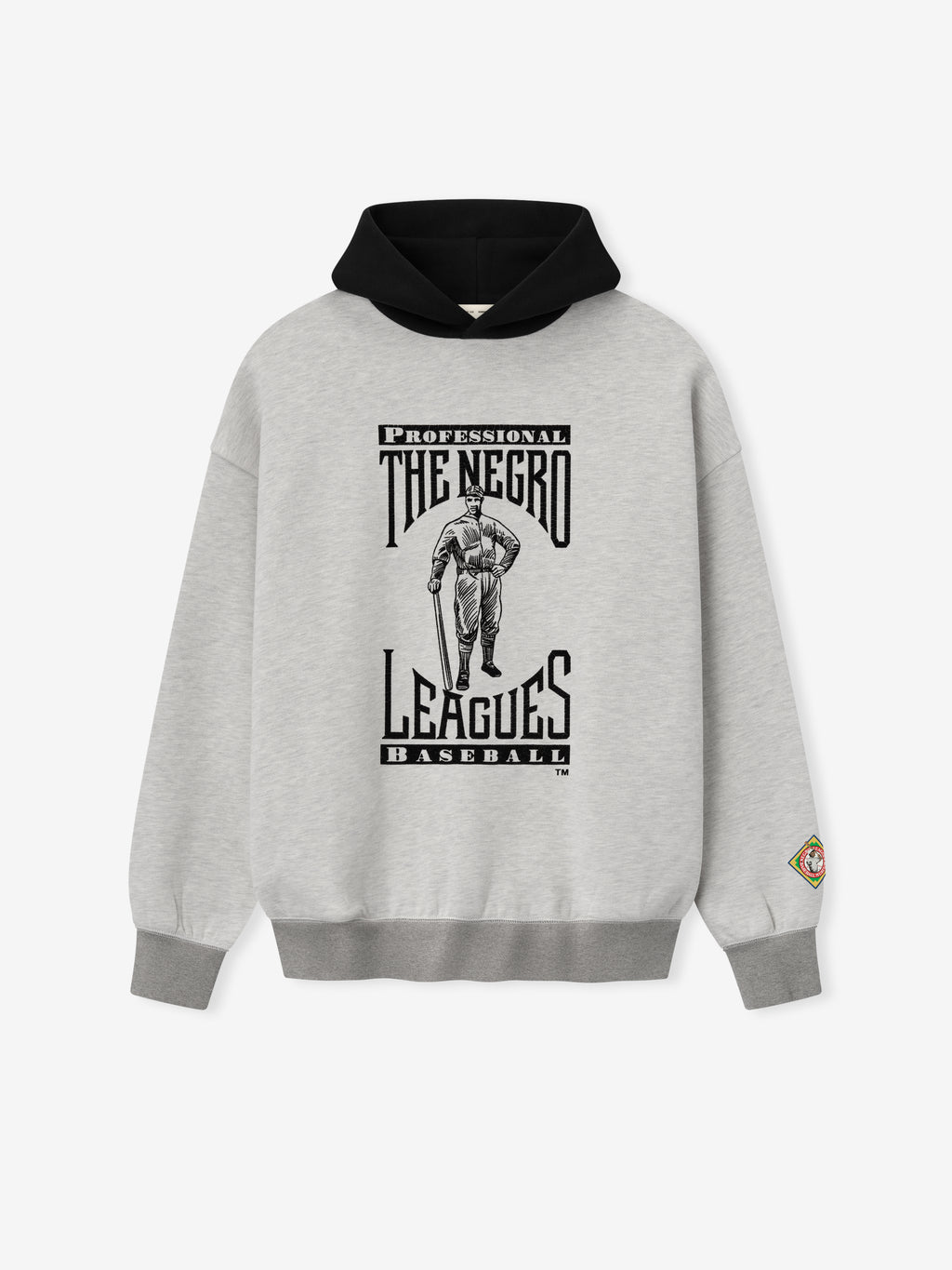 light gray fleece hoodie with black hood and vintage-inspired black "The Negro Leagues" baseball graphic on front