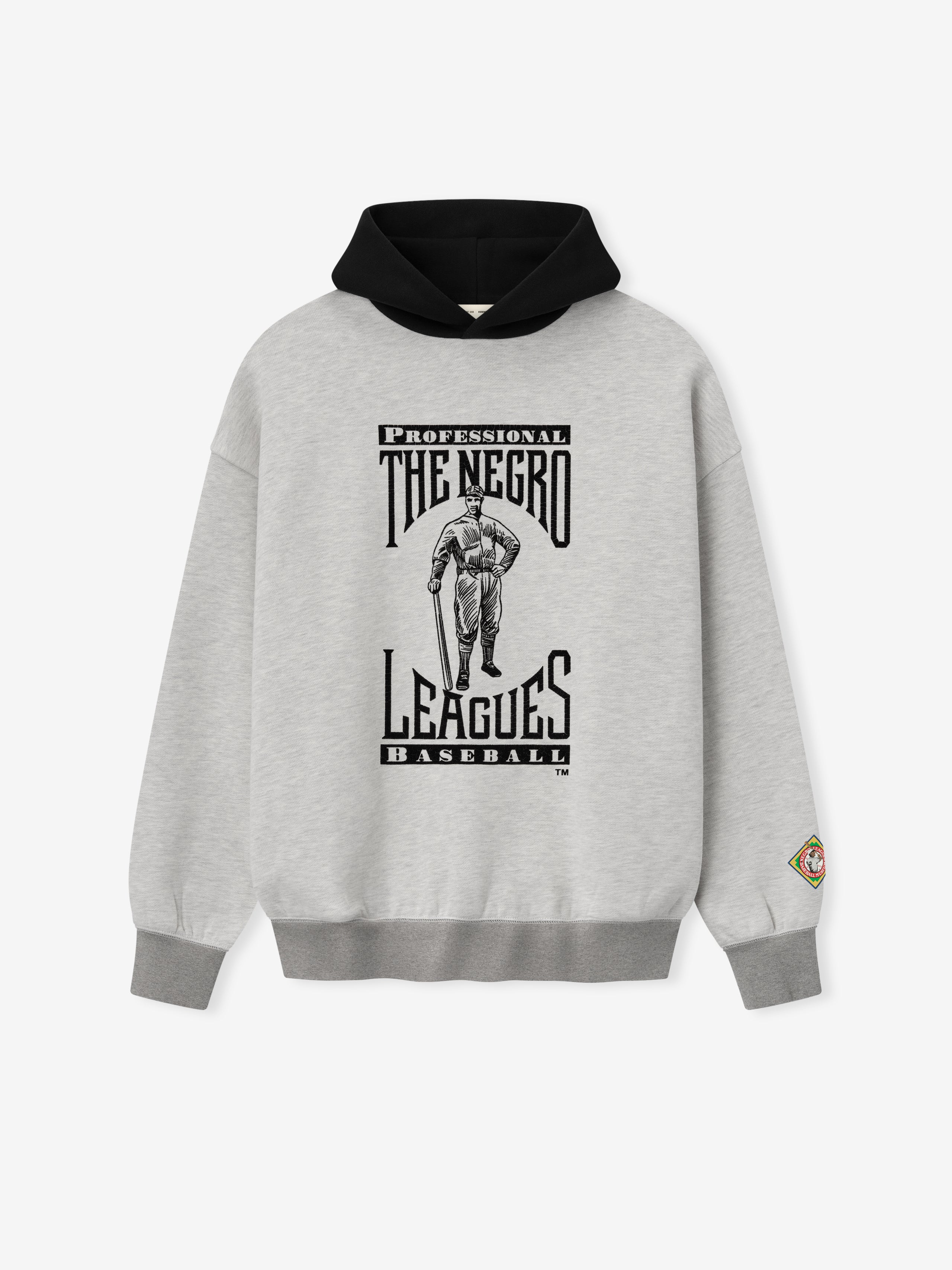 light gray fleece hoodie with black hood and vintage-inspired black "The Negro Leagues" baseball graphic on front