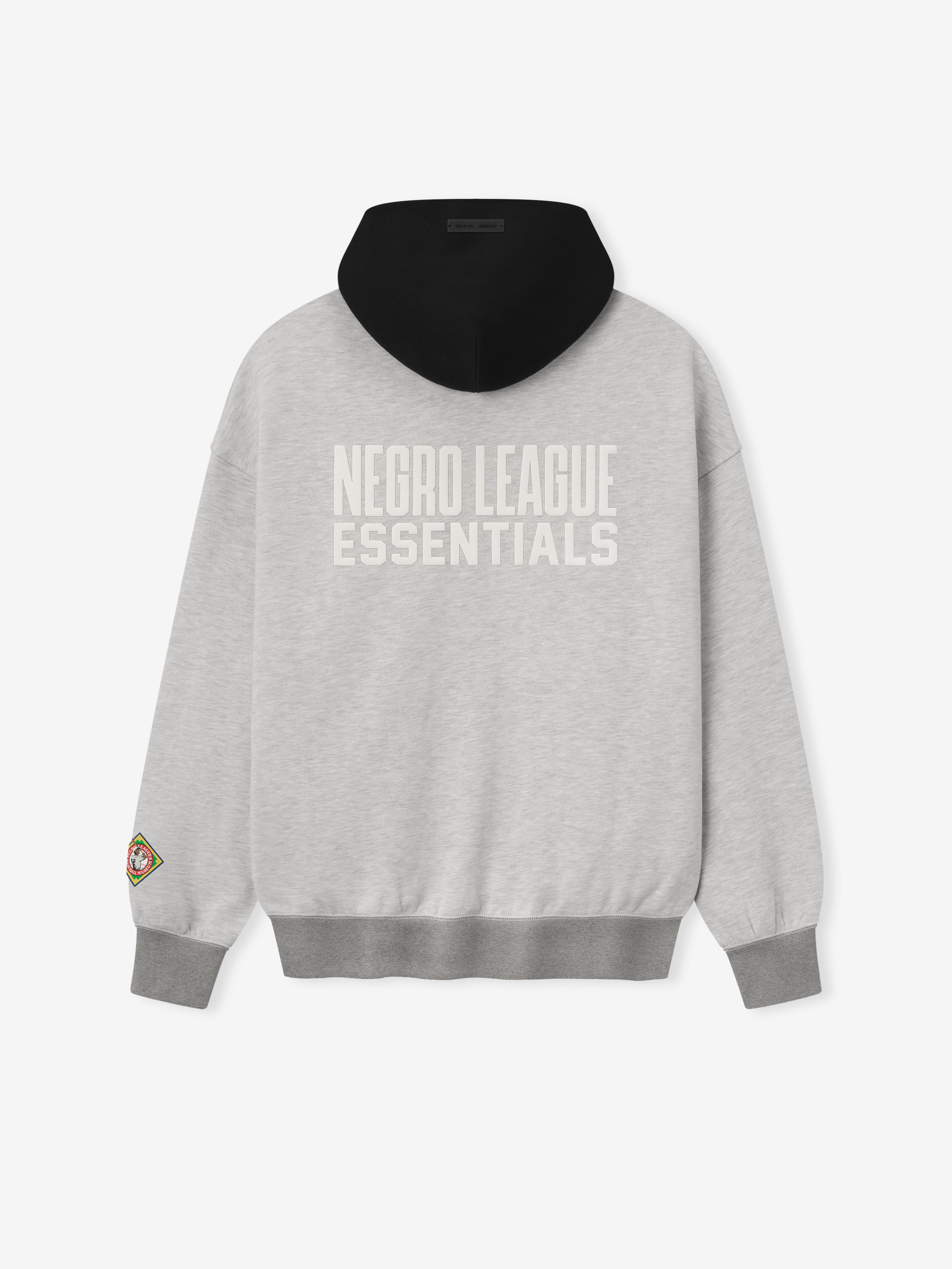 gray hoodie with black hood featuring white "NEGRO LEAGUE ESSENTIALS" text on back and patch on sleeve cuff