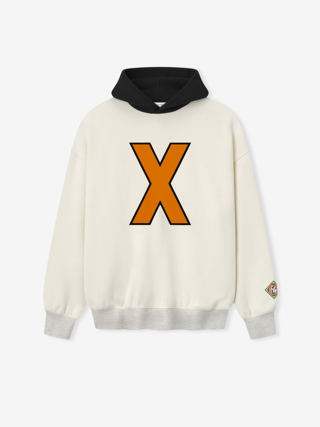 off-white cropped hoodie with black hood, orange "X" graphic on front, and multicolored patch on left sleeve cuff