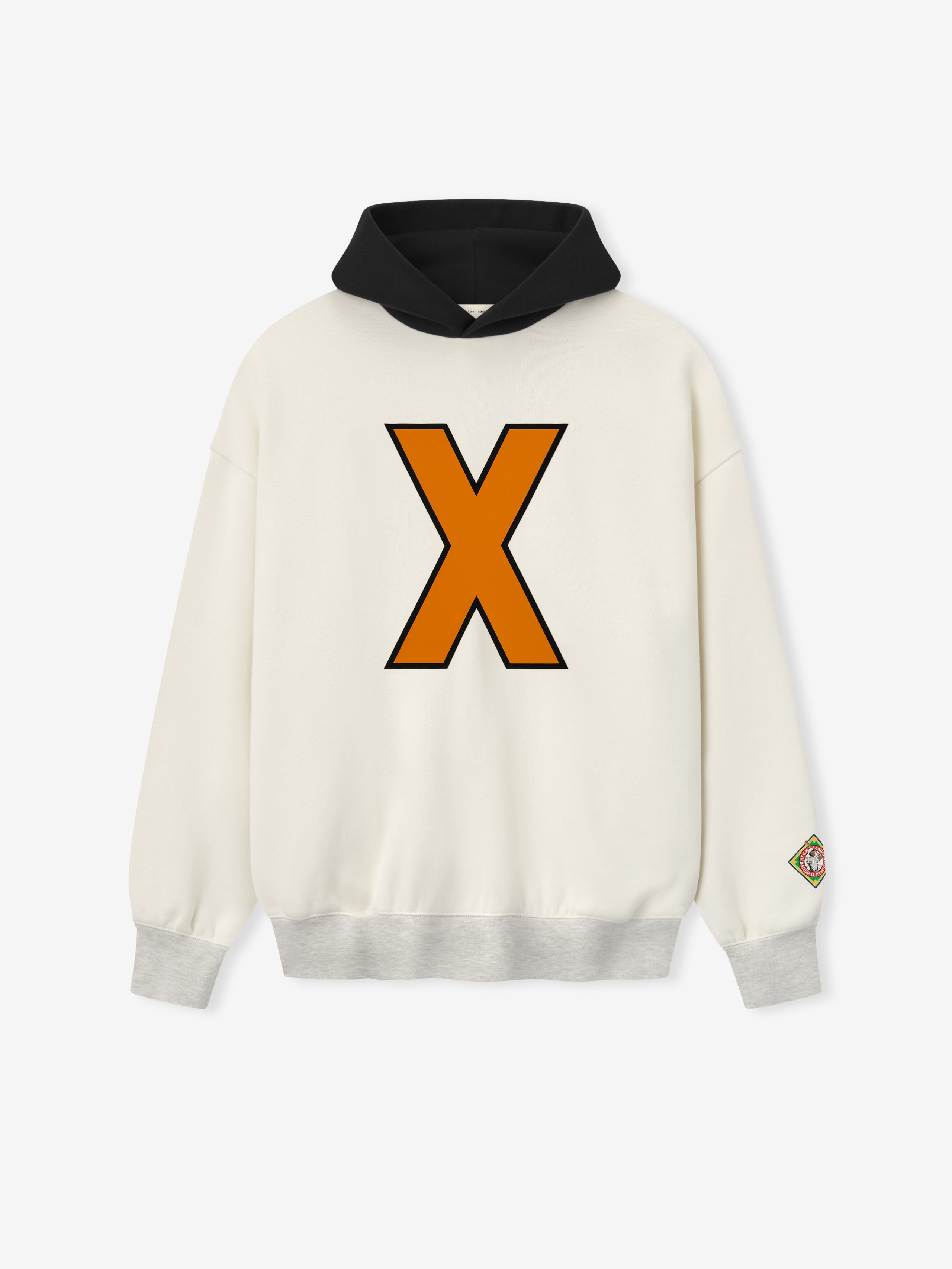 off-white cropped hoodie with black hood, orange "X" graphic on front, and multicolored patch on left sleeve cuff