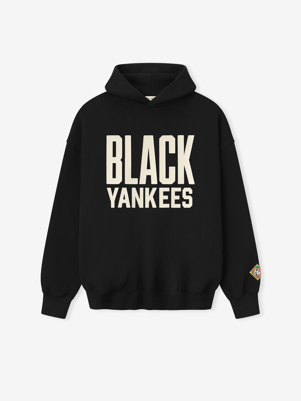 black hoodie front with bold cream "BLACK YANKEES" text and colorful patch on left sleeve cuff
