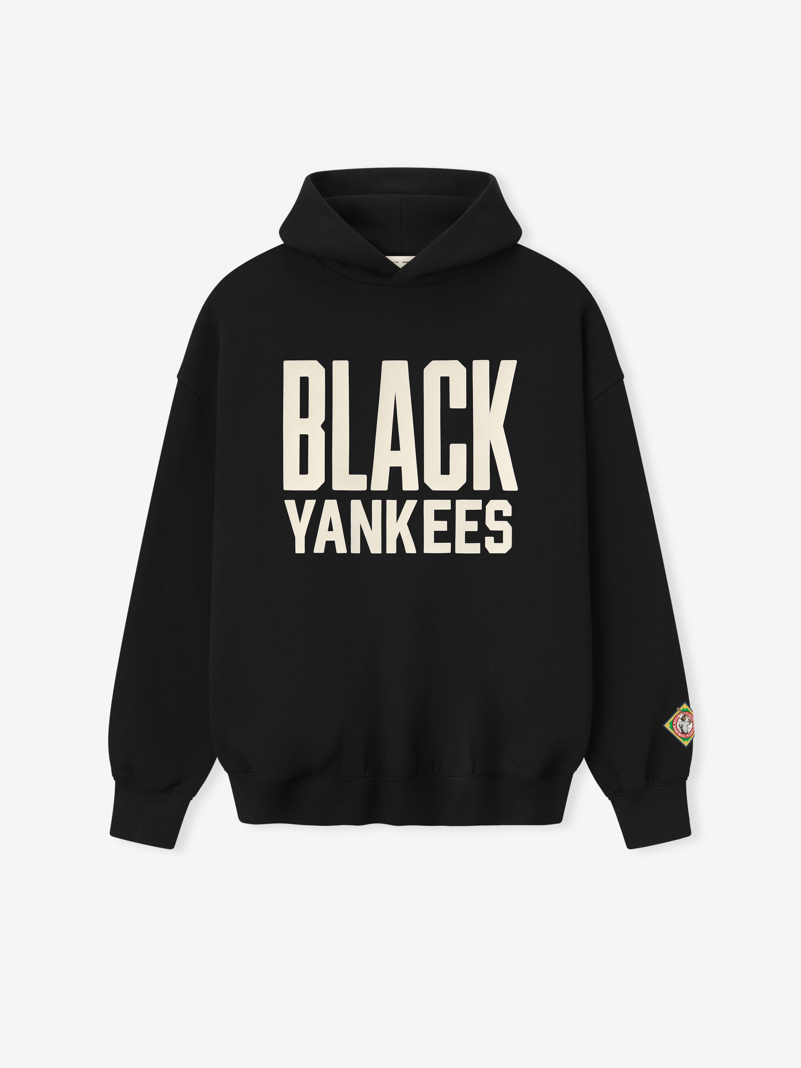 black hoodie front with bold cream "BLACK YANKEES" text and colorful patch on left sleeve cuff