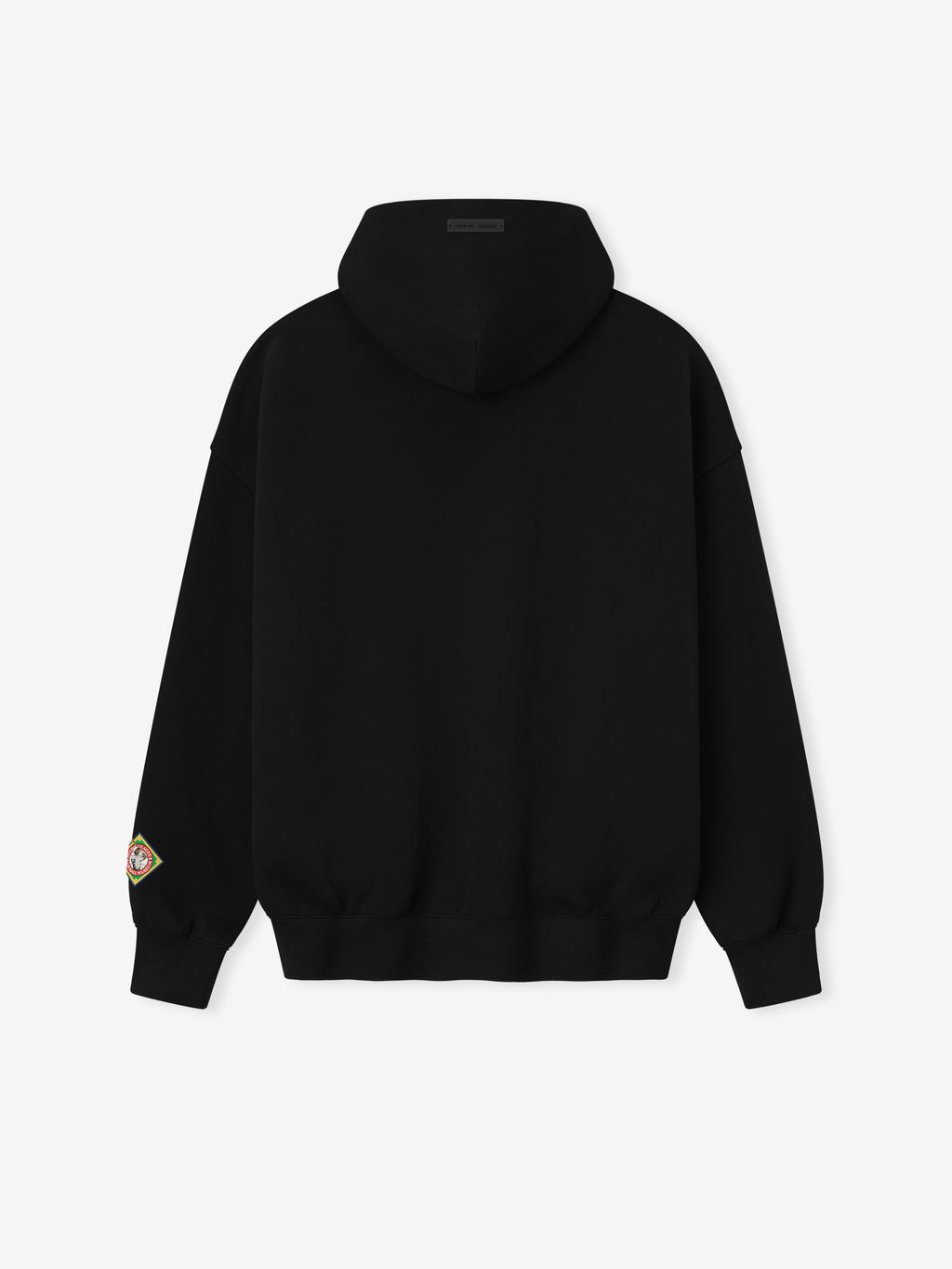 black cropped hoodie back with solid design and multicolored patch detail on left sleeve cuff