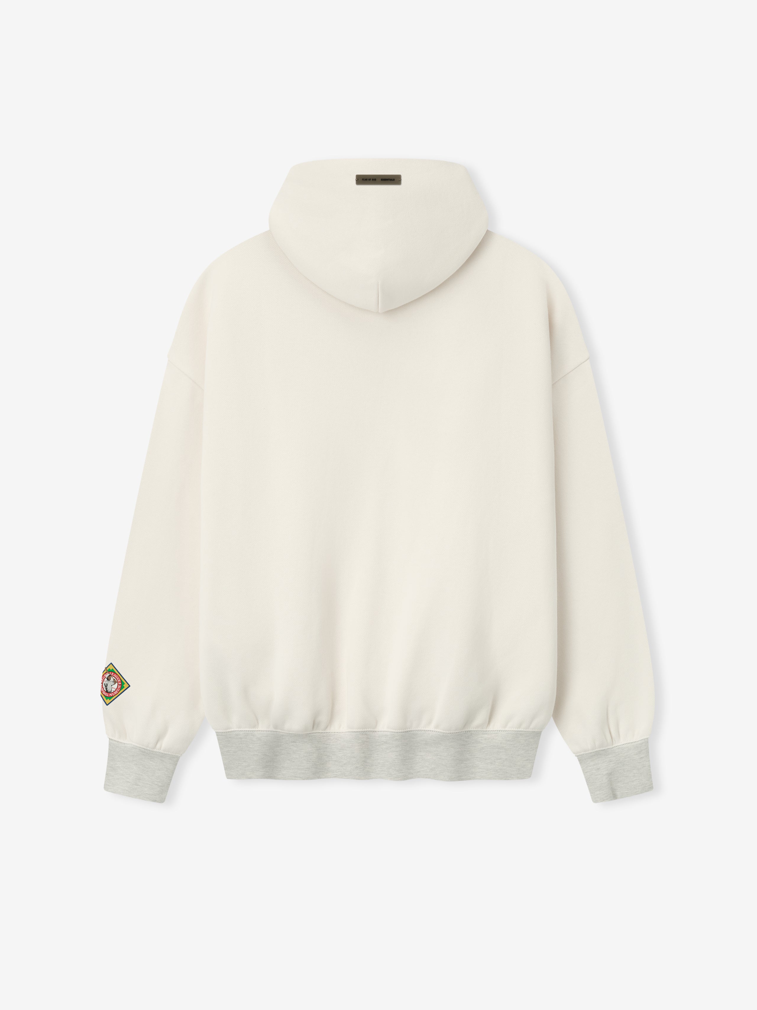 off-white cropped hoodie back with gray ribbed hem and multicolored patch detail on left sleeve cuff
