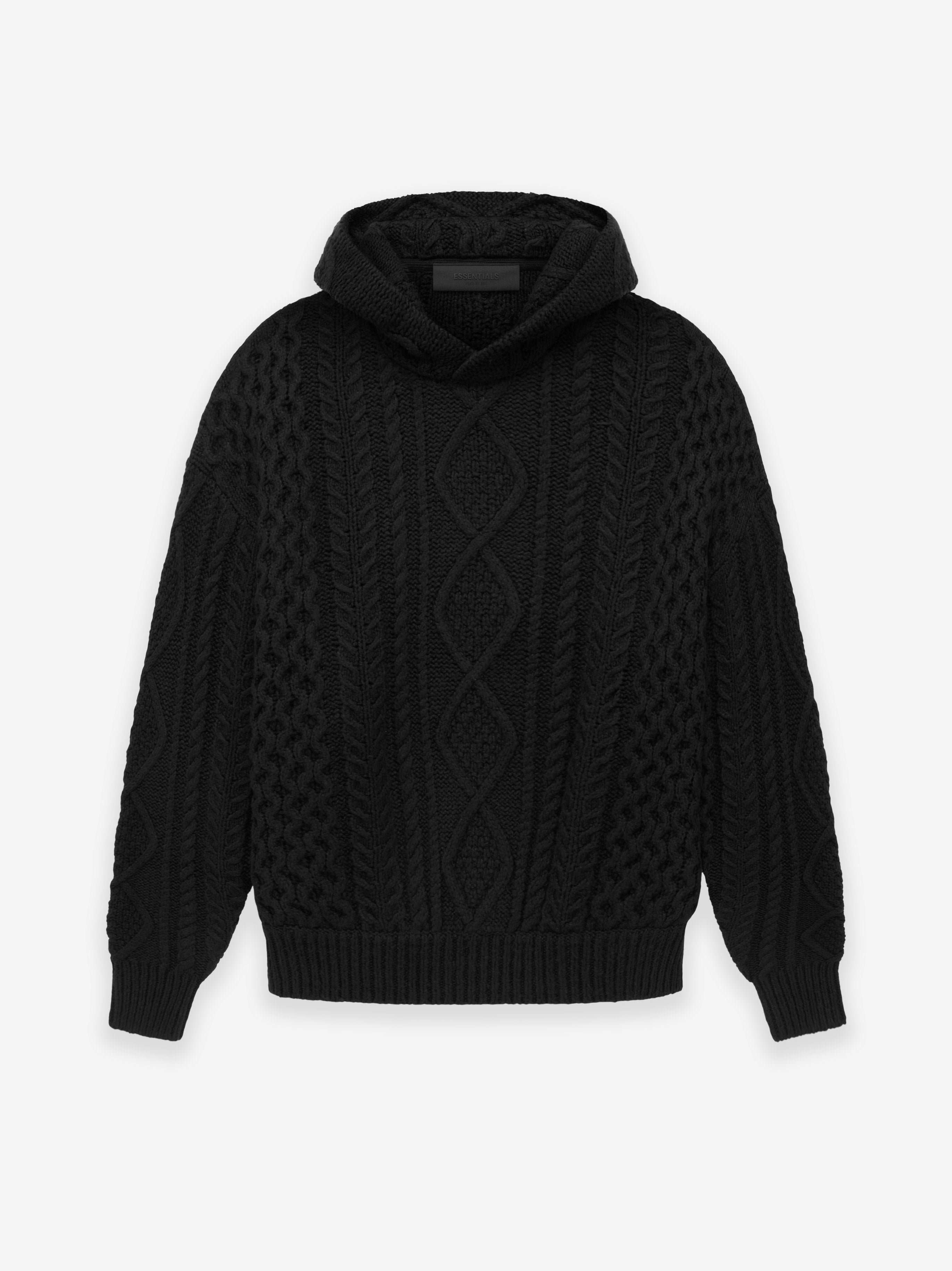 ESSENTIALS Cable Knit Hoodie in Jet Black