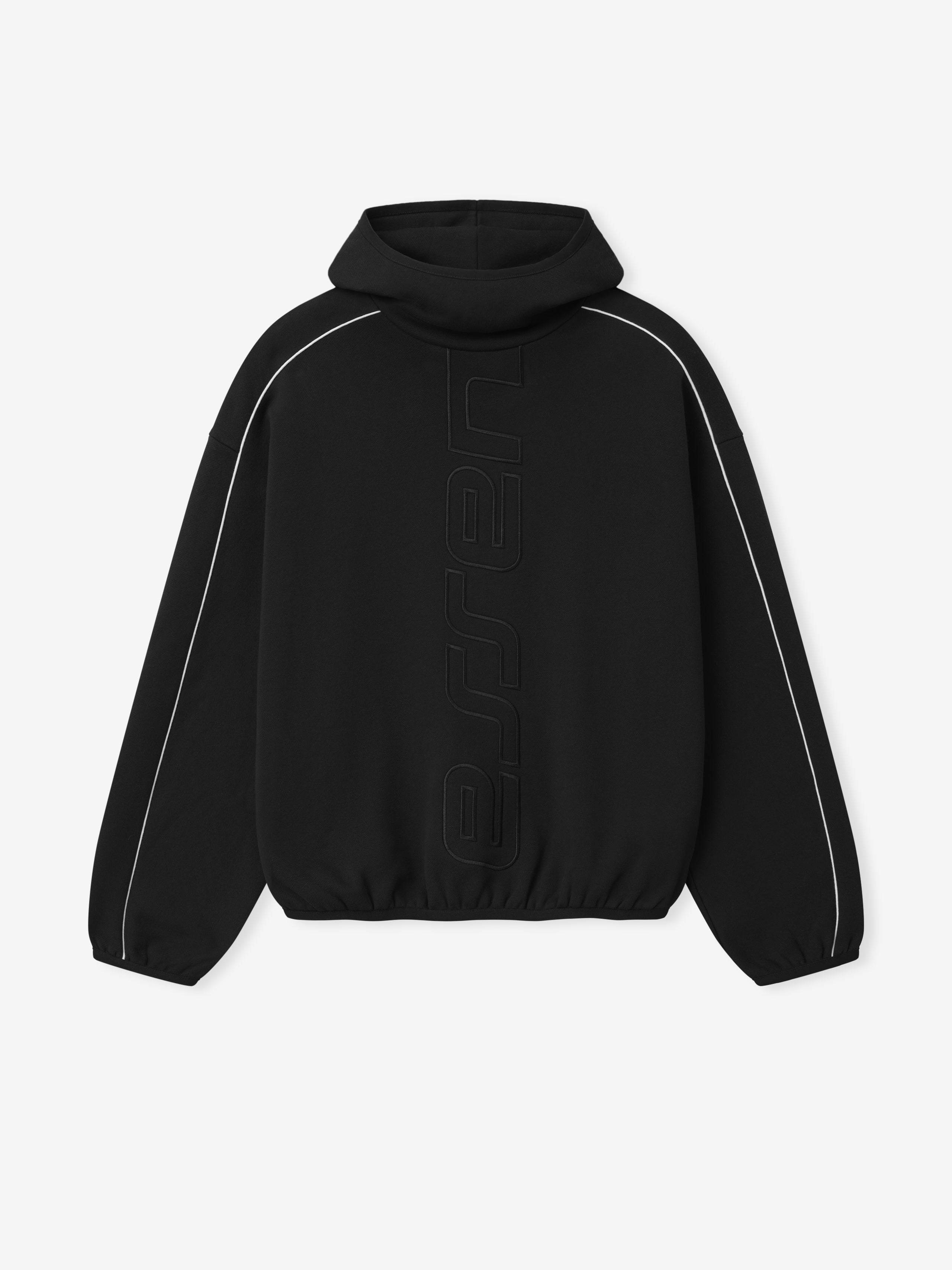 Black hoodie with white piping on a light gray background