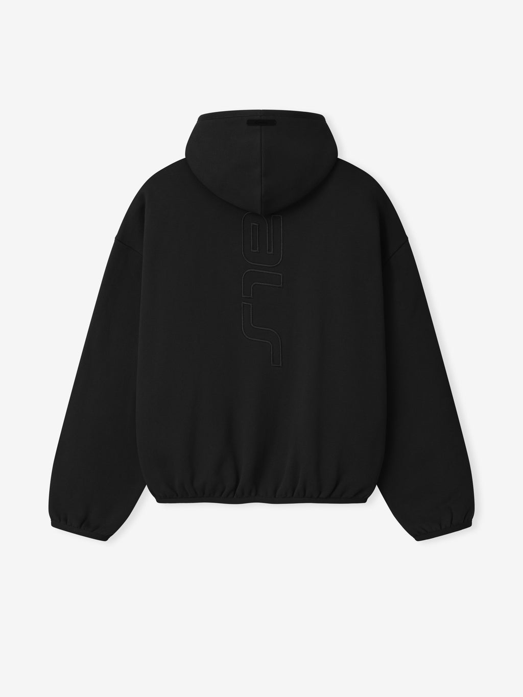 Black hoodie with branding on the back against a white background