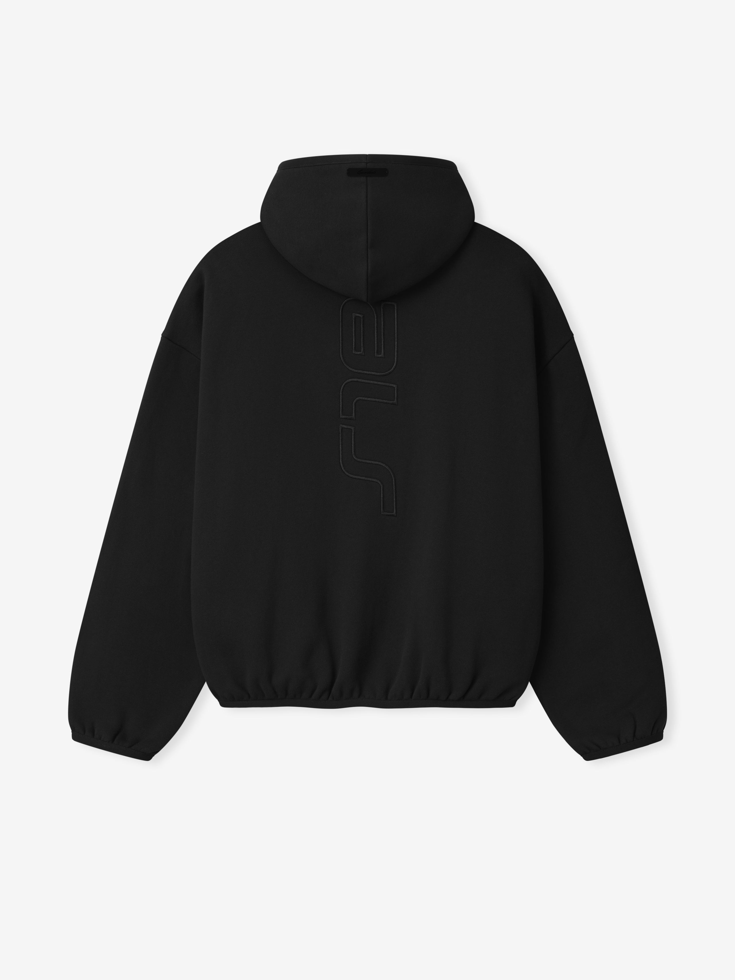 Black hoodie with branding on the back against a white background