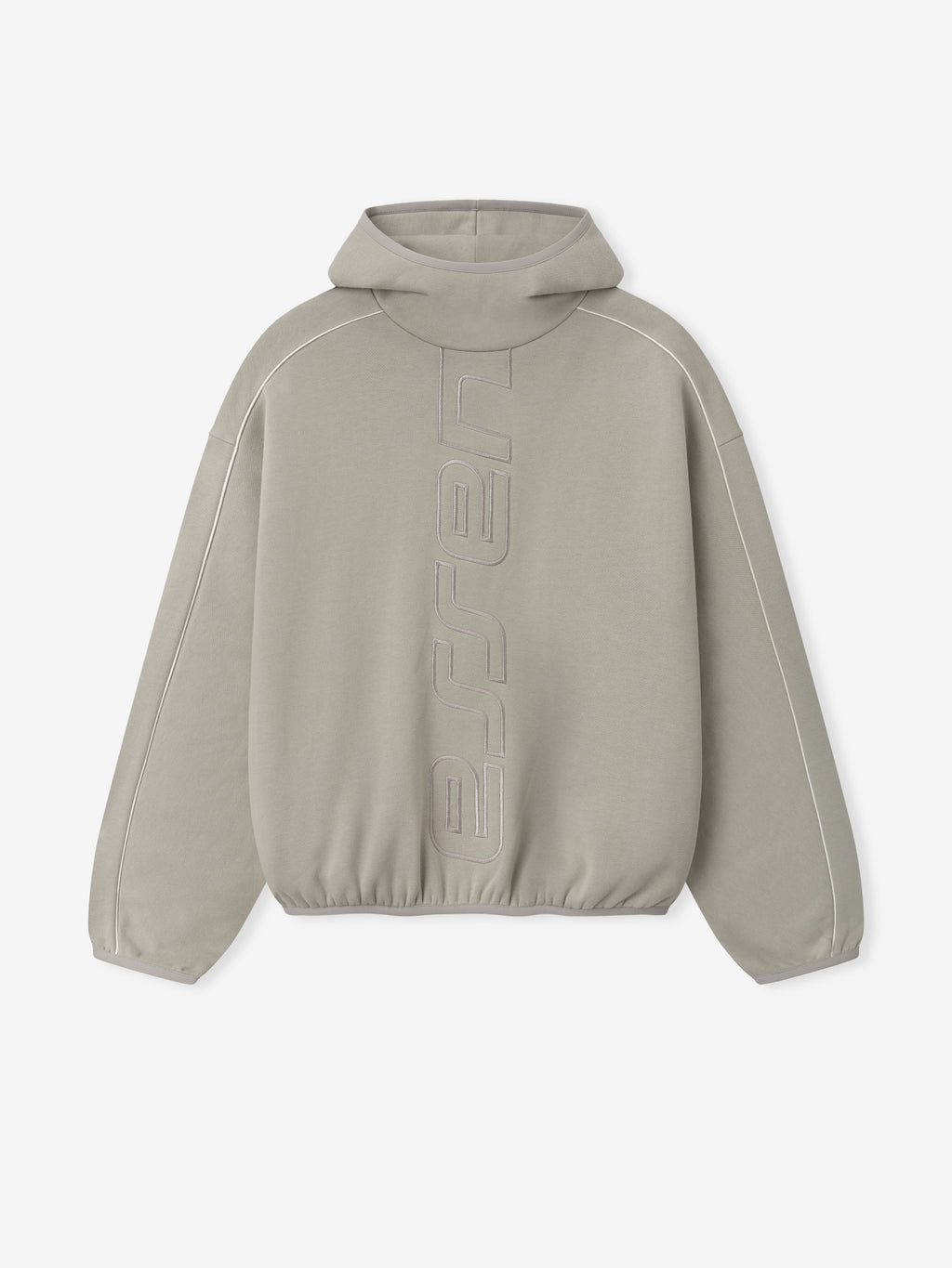 light gray heavyweight fleece hoodie with vertical embossed Active Trace logo and relaxed modern fit