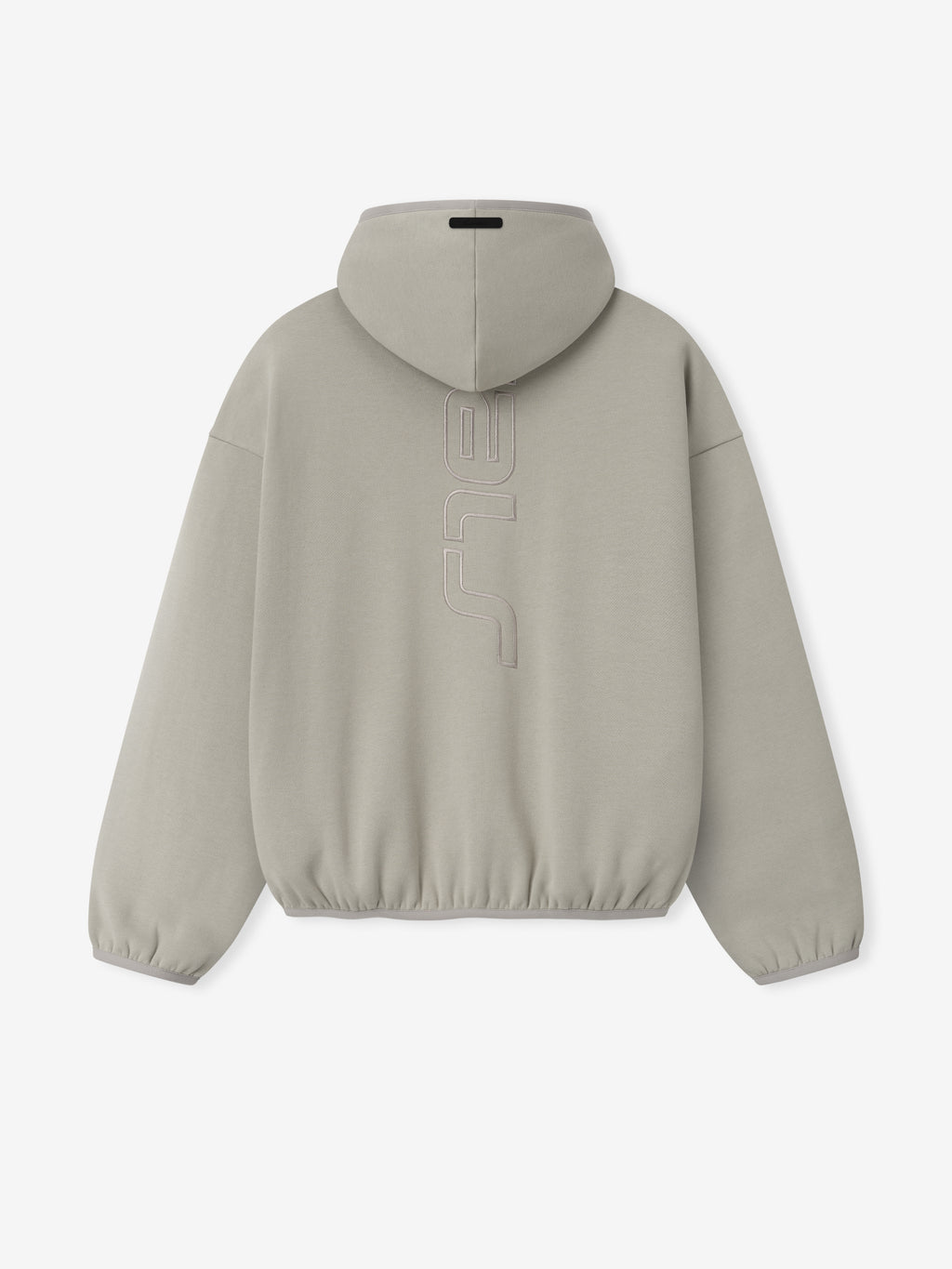 light gray modern fleece hoodie with hood and raised vertical Active Trace logo on back center panel