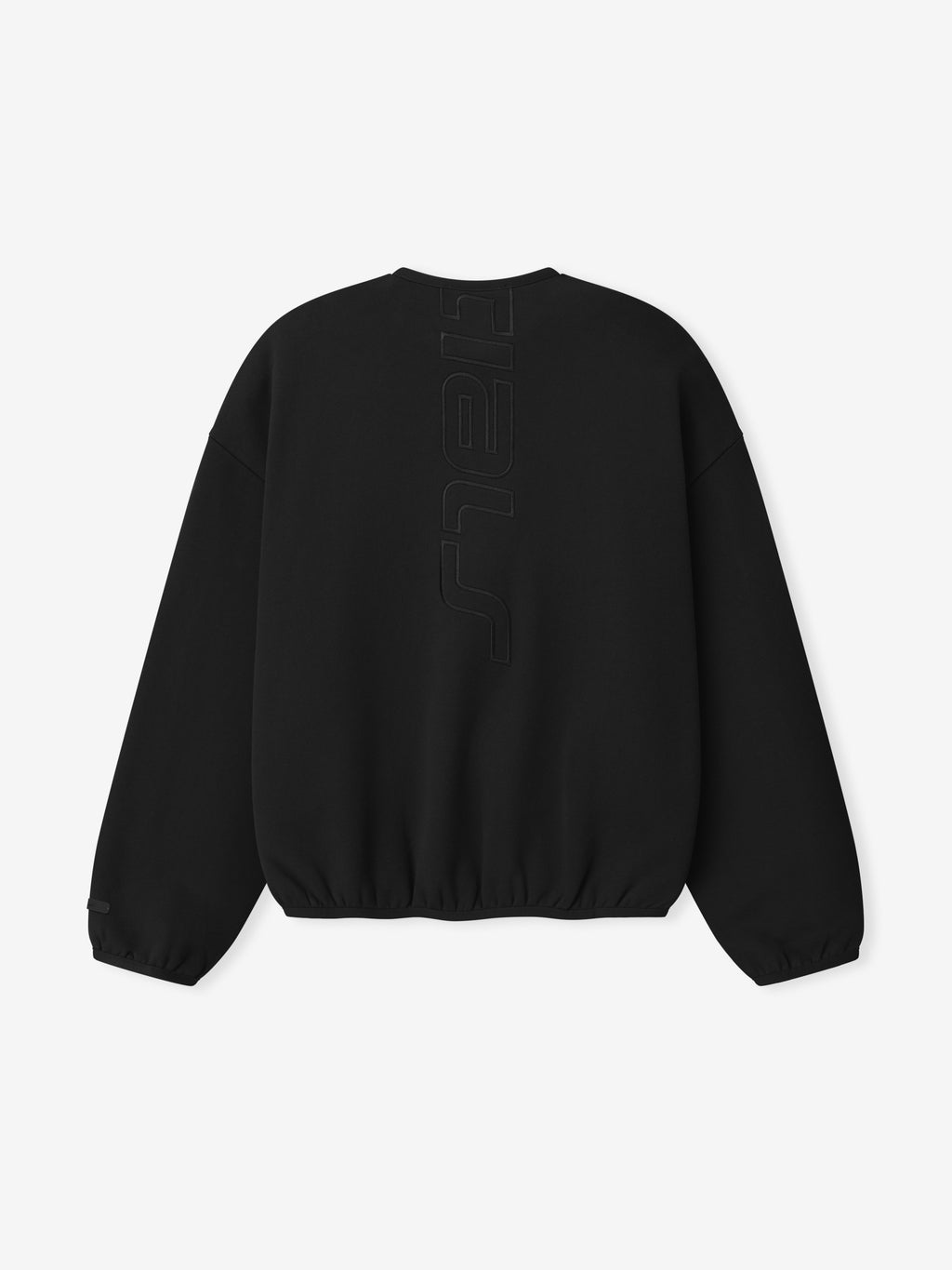 black crewneck sweatshirt with relaxed fit and subtle 3D printed vertical Essentials Active Trace logo on back