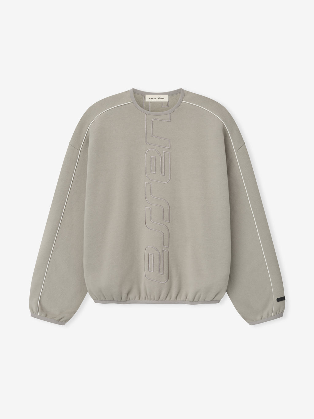 Light grey sweatshirt with vertical embossed lettering design and thin white piping along the sleeves and shoulders