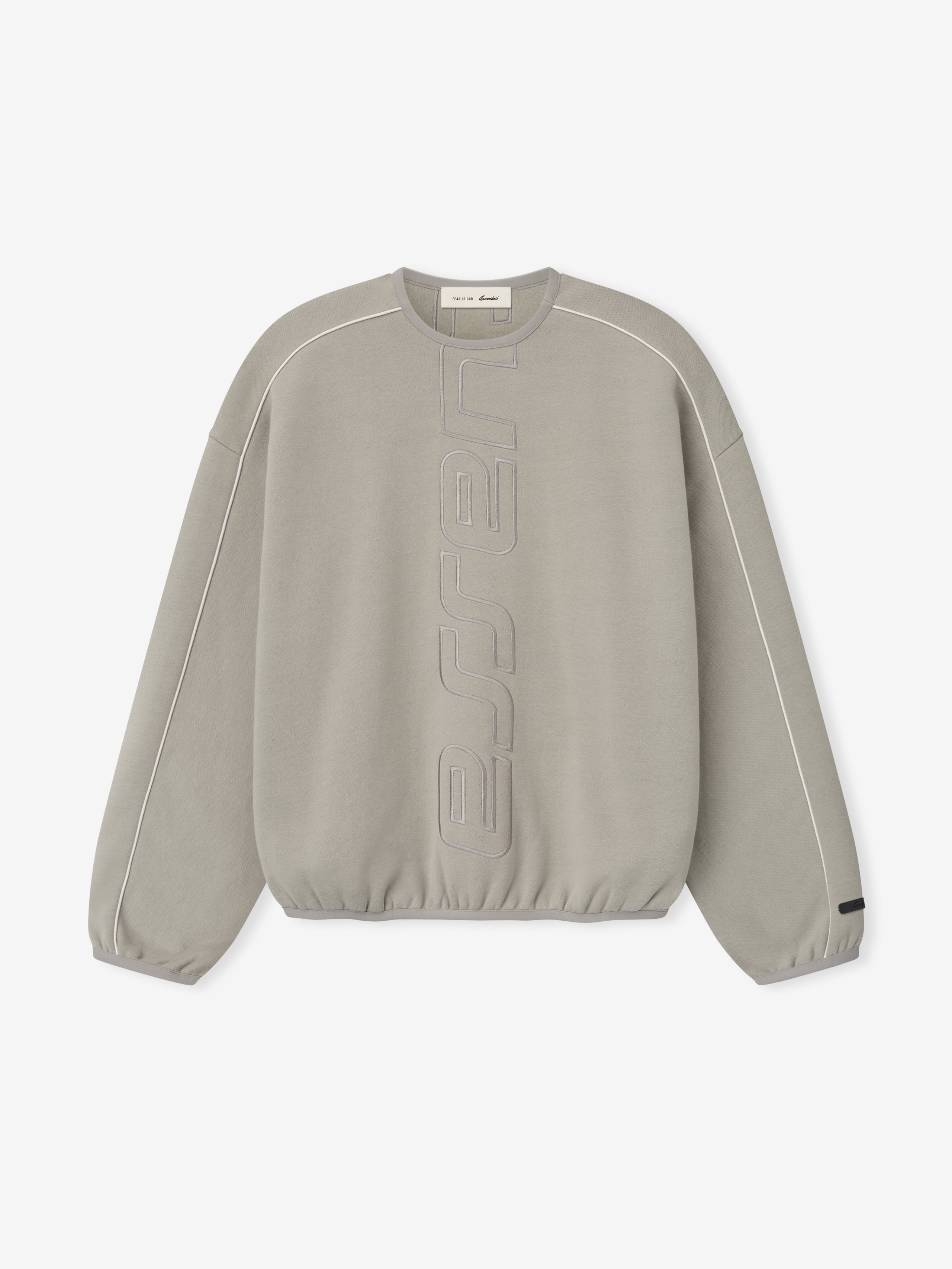 Light grey sweatshirt with vertical embossed lettering design and thin white piping along the sleeves and shoulders