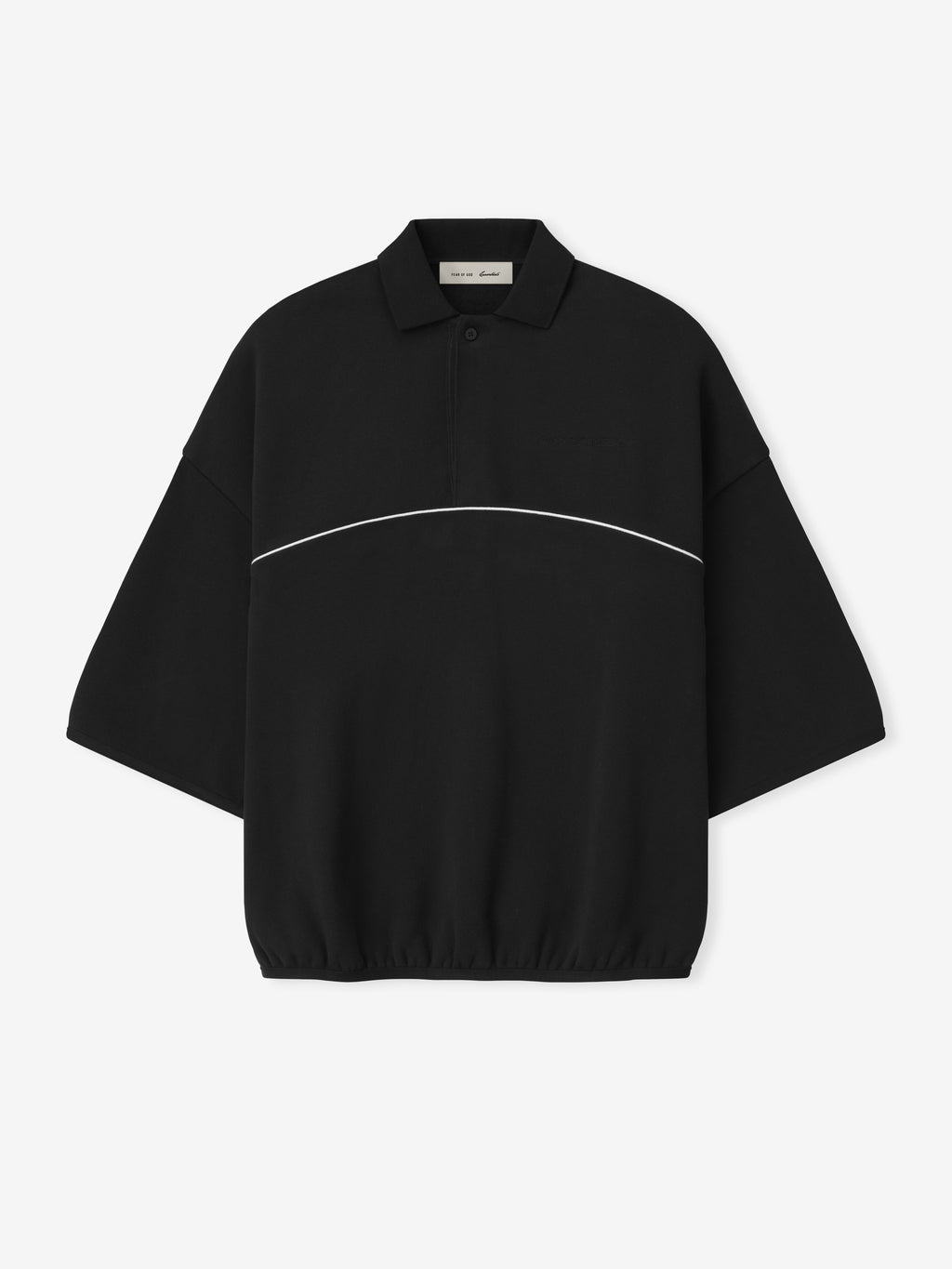 black cropped polo sweatshirt with 3/4 sleeves, relaxed volume fit, and white curved piping detail across chest