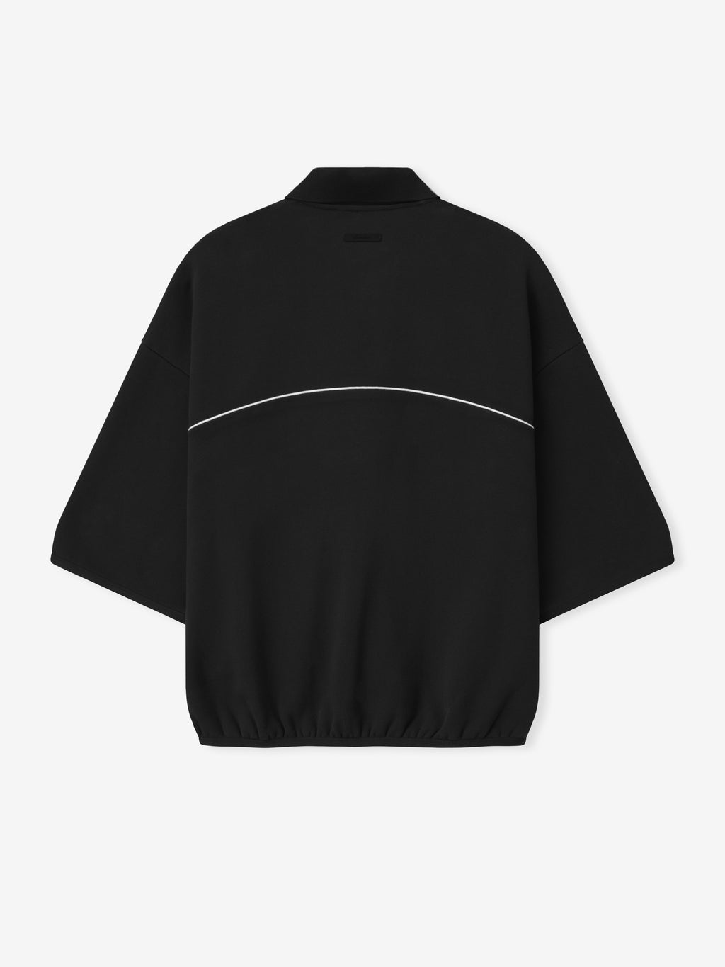 black cropped modern polo sweatshirt with 3/4 sleeves, relaxed volume fit, and white curved piping across back