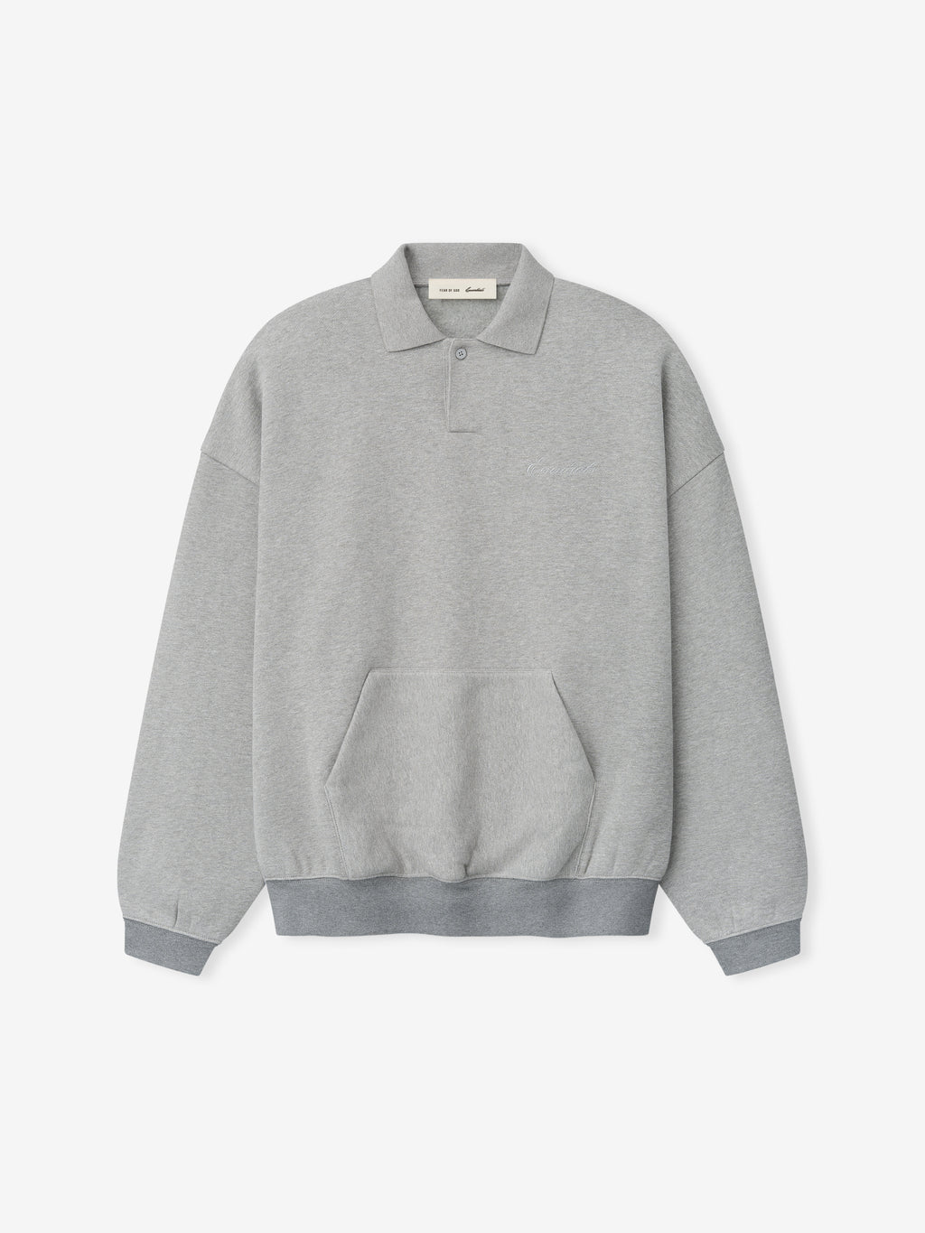 light gray 90s-inspired polo sweatshirt with relaxed fit, covered Henley placket, kangaroo pocket, and ribbed cuffs and hem