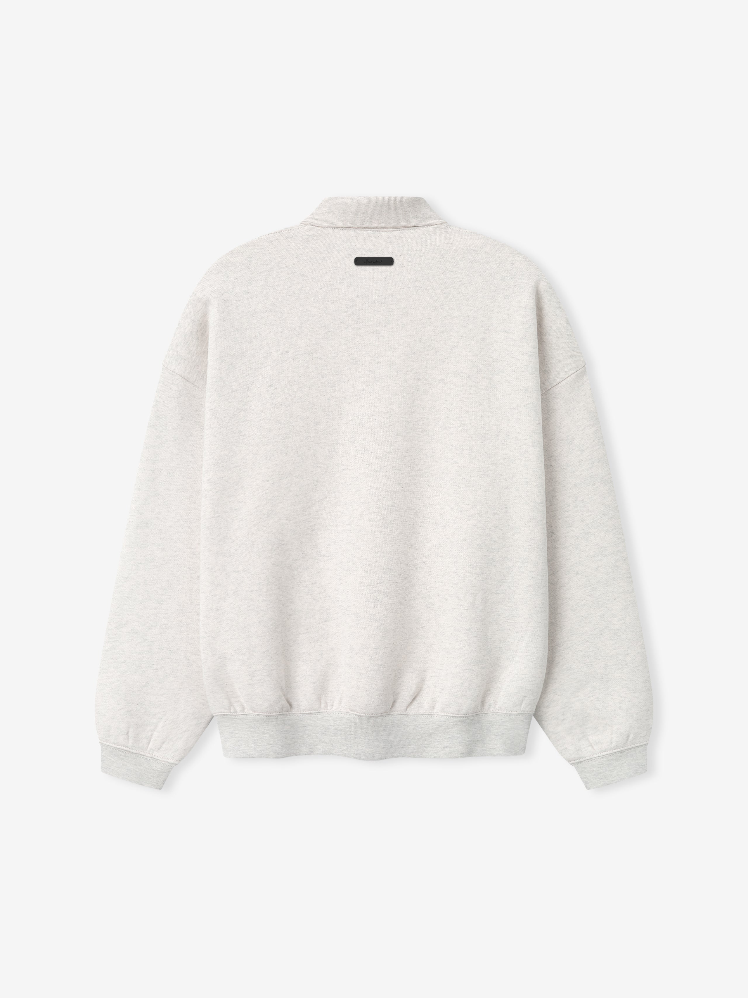 off-white 90s-inspired sweatshirt with relaxed fit, ribbed cuffs and hem, and small black rectangular patch on upper back