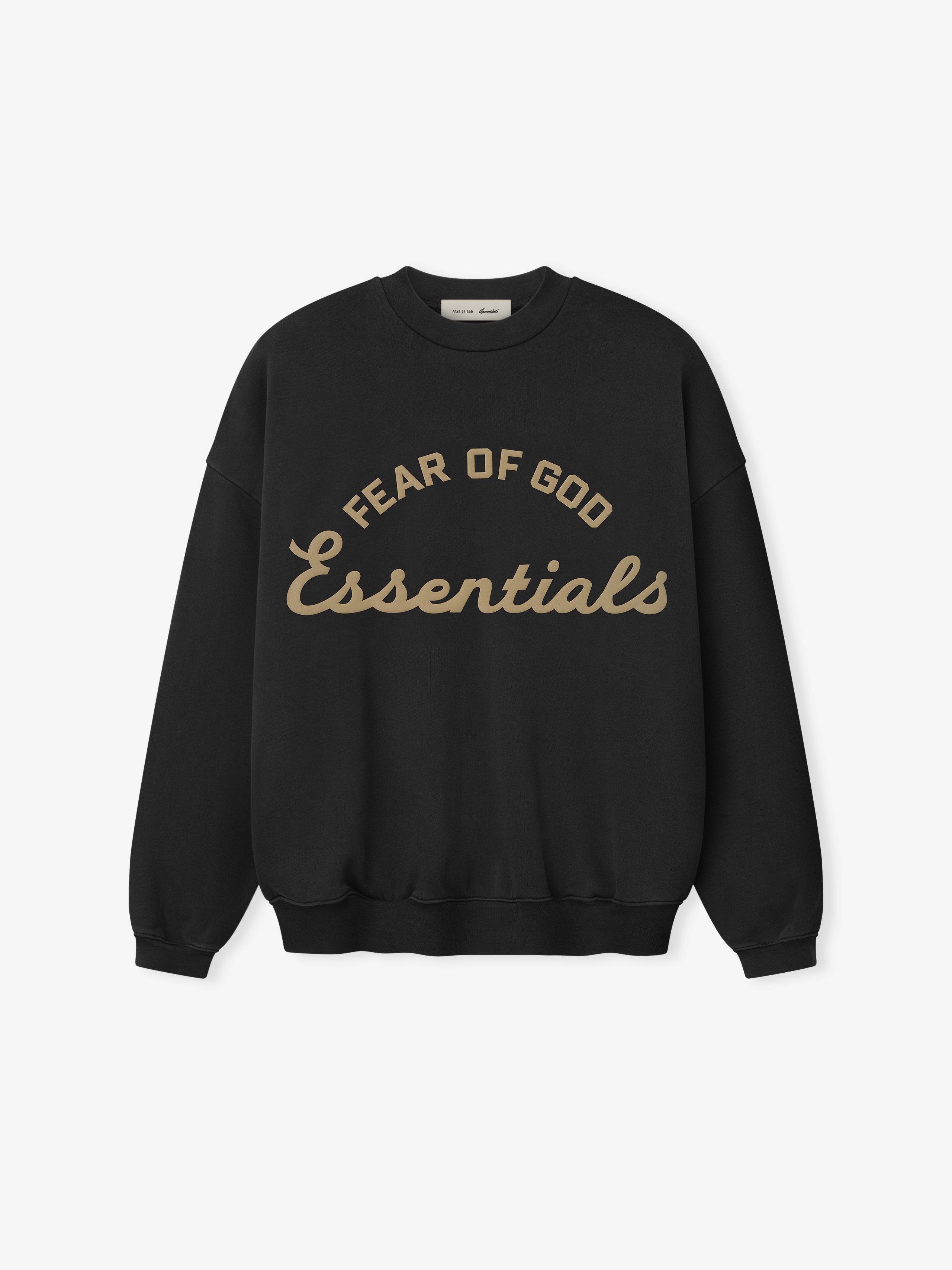 Black sweatshirt with 'Fear of God Essentials' text on a white background