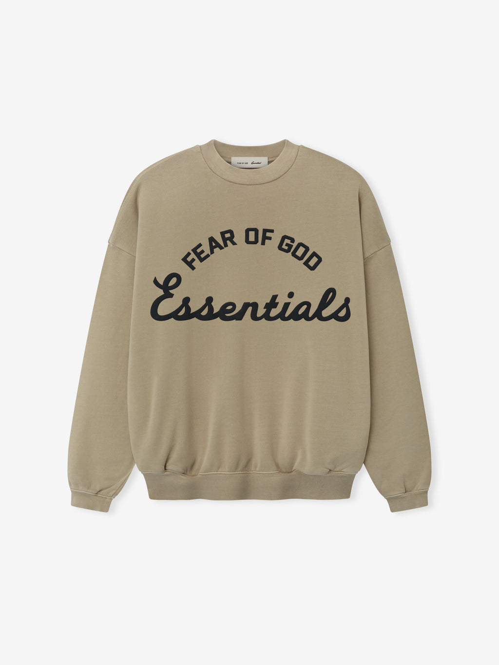 Beige sweatshirt with 'Fear of God Essentials' text on a white background