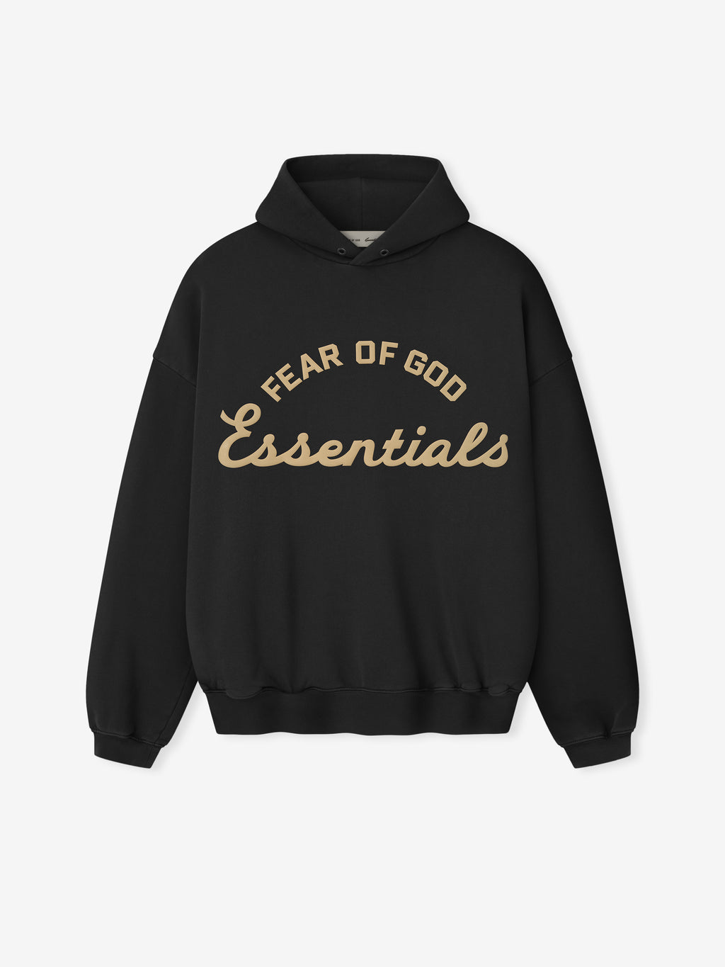 Black hoodie with 'Fear of God Essentials' text on a white background