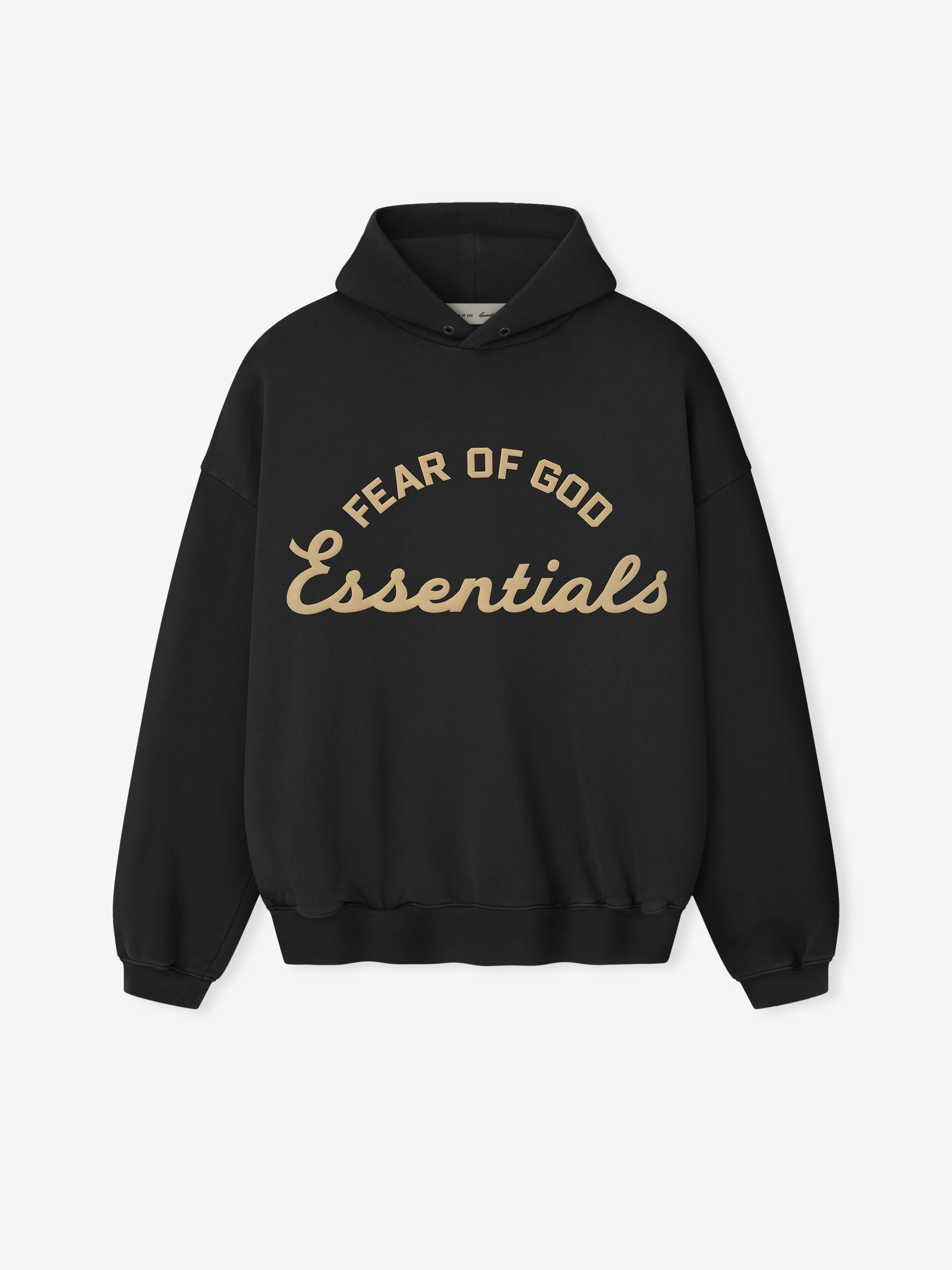 Black hoodie with 'Fear of God Essentials' text on a white background