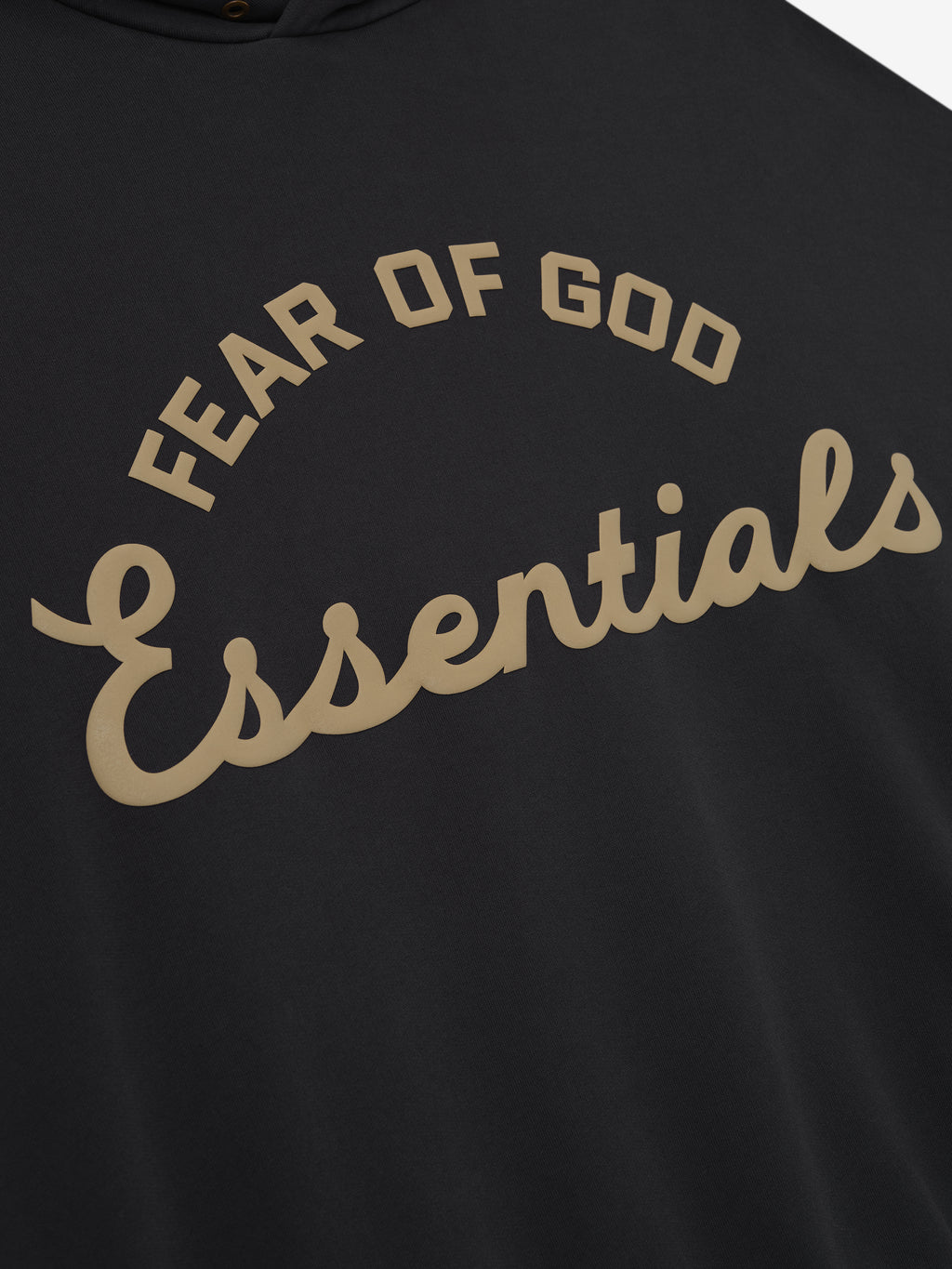 Black hoodie with 'Fear of God Essentials' text in beige