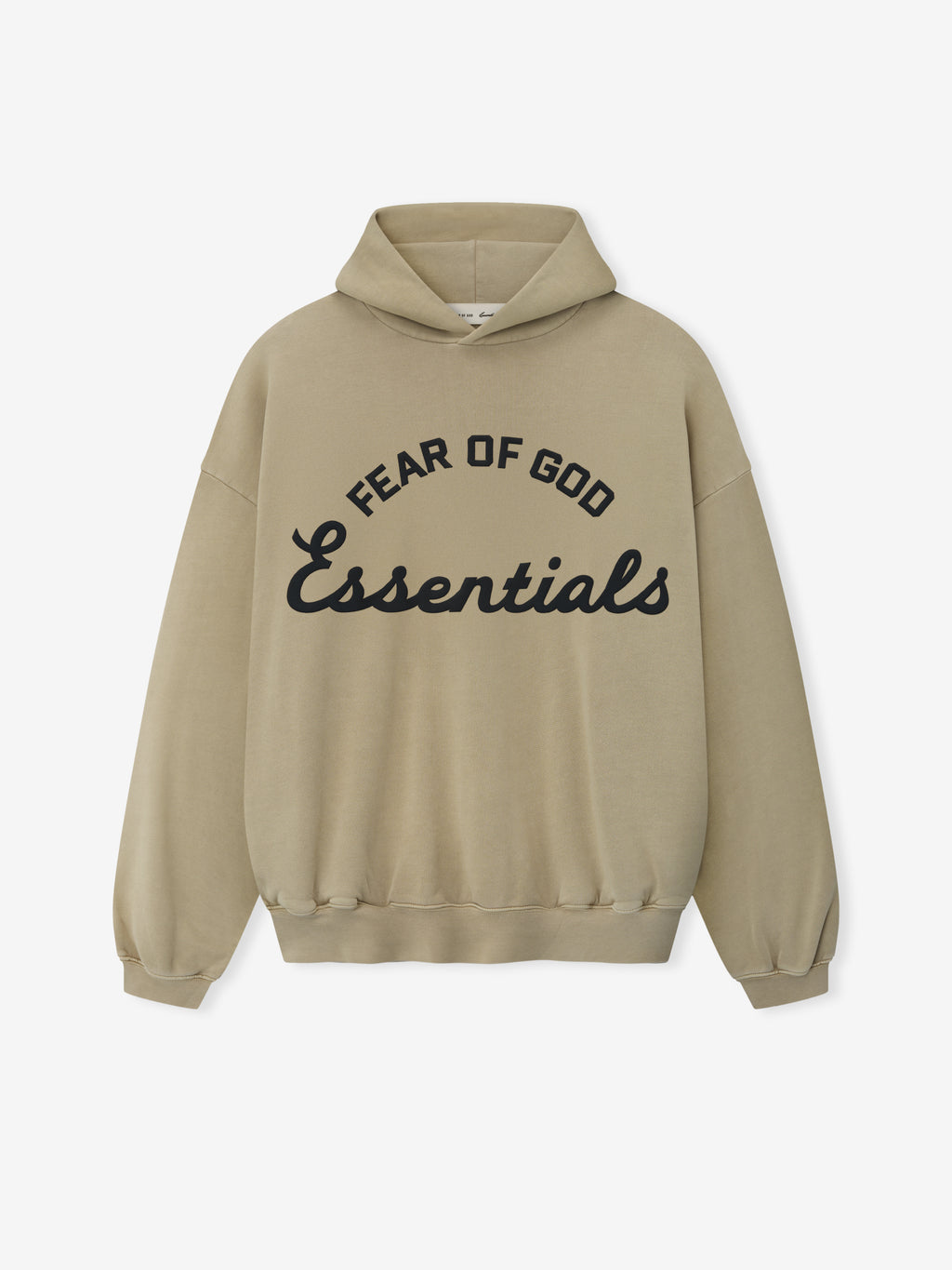 taupe cotton fleece hoodie with vintage pigment dye, puff-printed Fear of God Essentials training logo on front