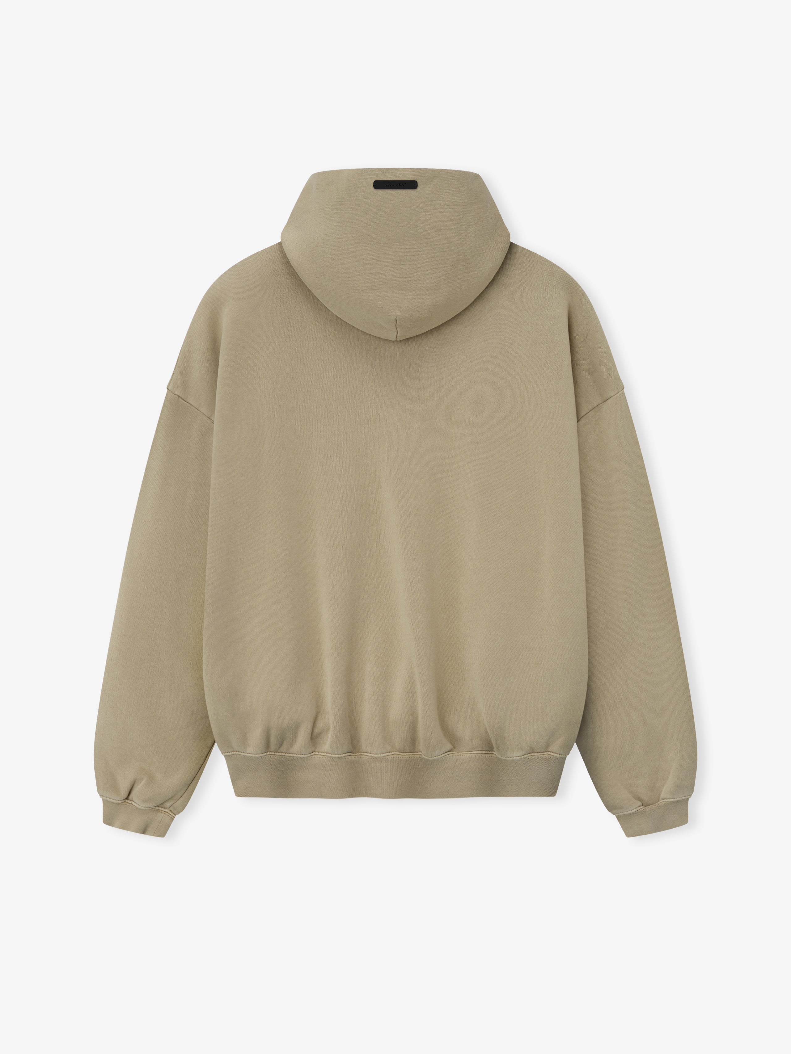 taupe pigment-dyed cotton fleece hoodie with relaxed fit and ribbed cuffs, shown from the back without visible logo or graphics